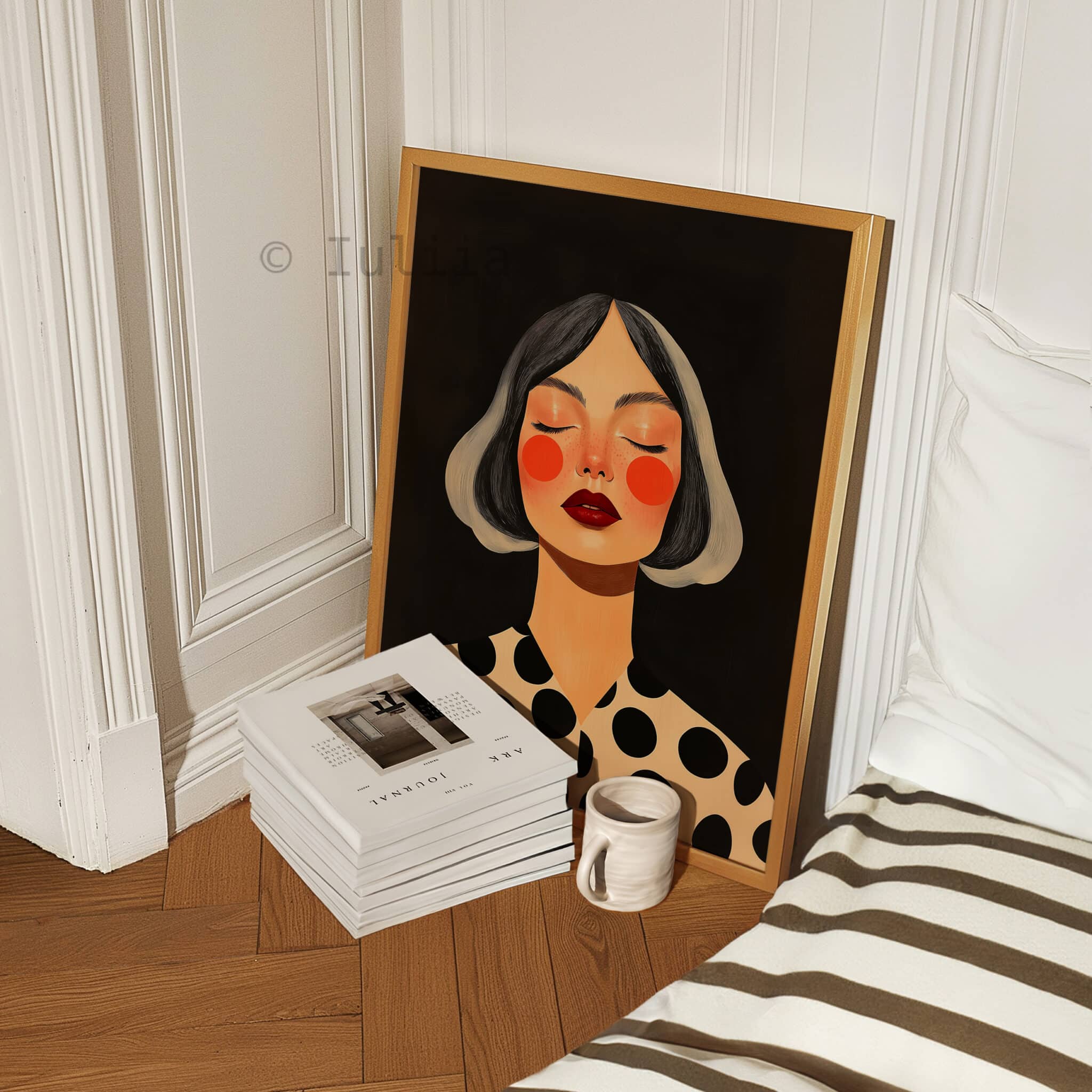 Female Figure Art, Gray Haired Woman Portrait, Black Cream Polka Dot Print, Contemporary Bedroom Decor - photo #4