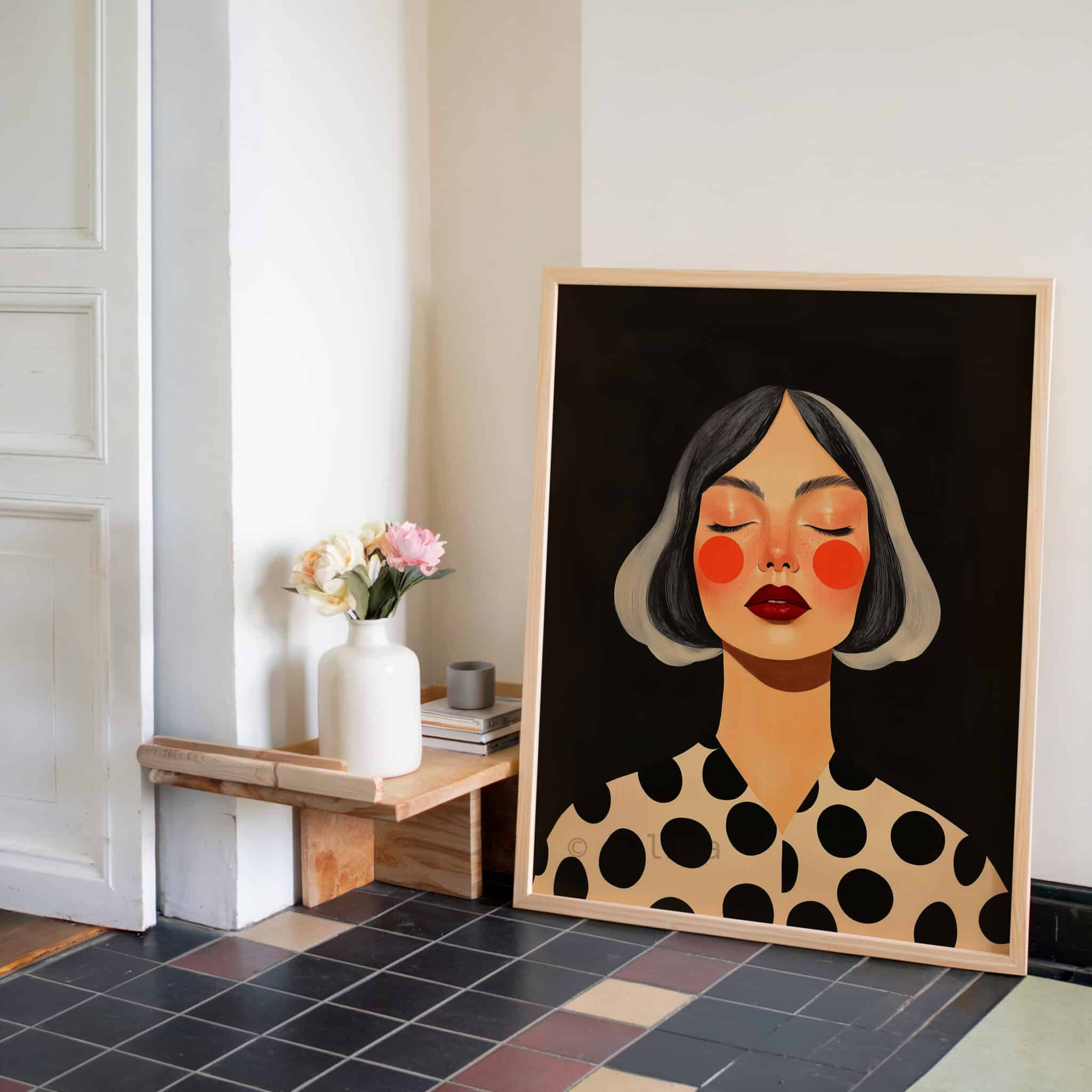Female Figure Art, Gray Haired Woman Portrait, Black Cream Polka Dot Print, Contemporary Bedroom Decor - photo #2