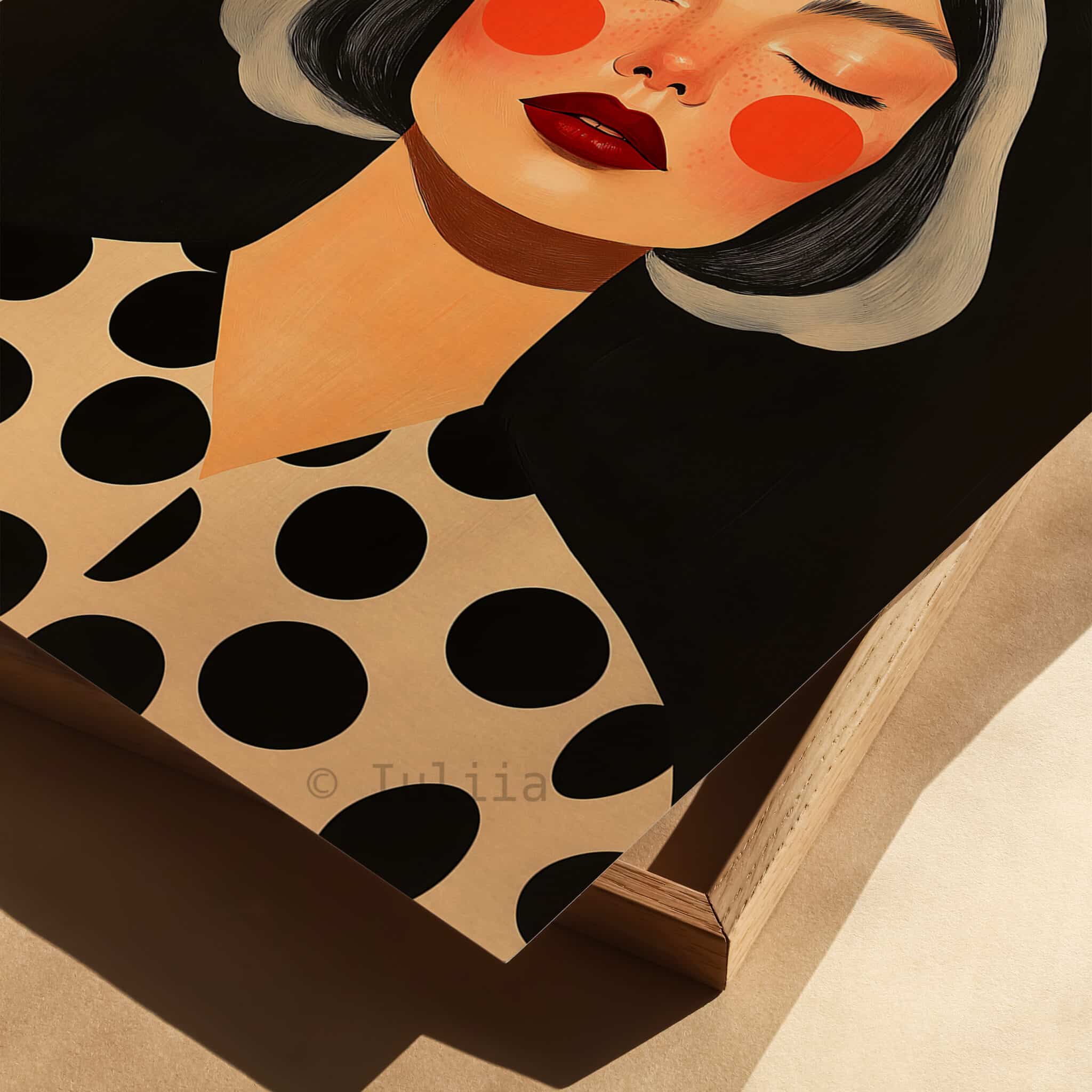Female Figure Art, Gray Haired Woman Portrait, Black Cream Polka Dot Print, Contemporary Bedroom Decor - photo #1