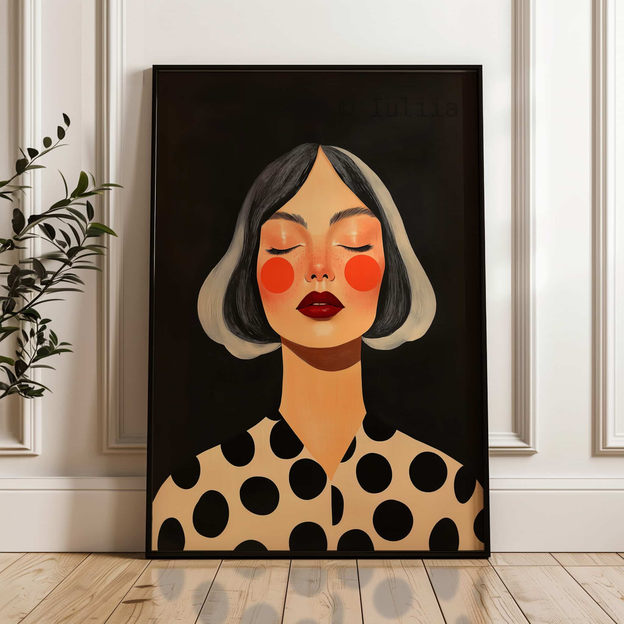 Female Figure Art, Gray Haired Woman Portrait, Black Cream Polka Dot Print, Contemporary Bedroom Decor - photo #3