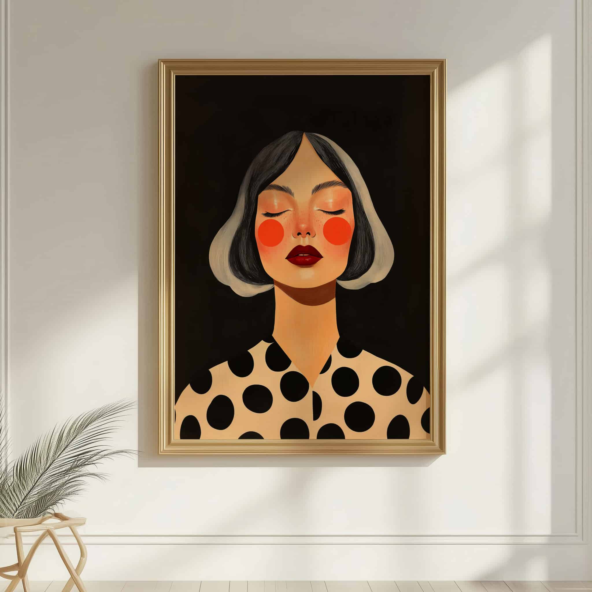 Female Figure Art, Gray Haired Woman Portrait, Black Cream Polka Dot Print, Contemporary Bedroom Decor - photo #7