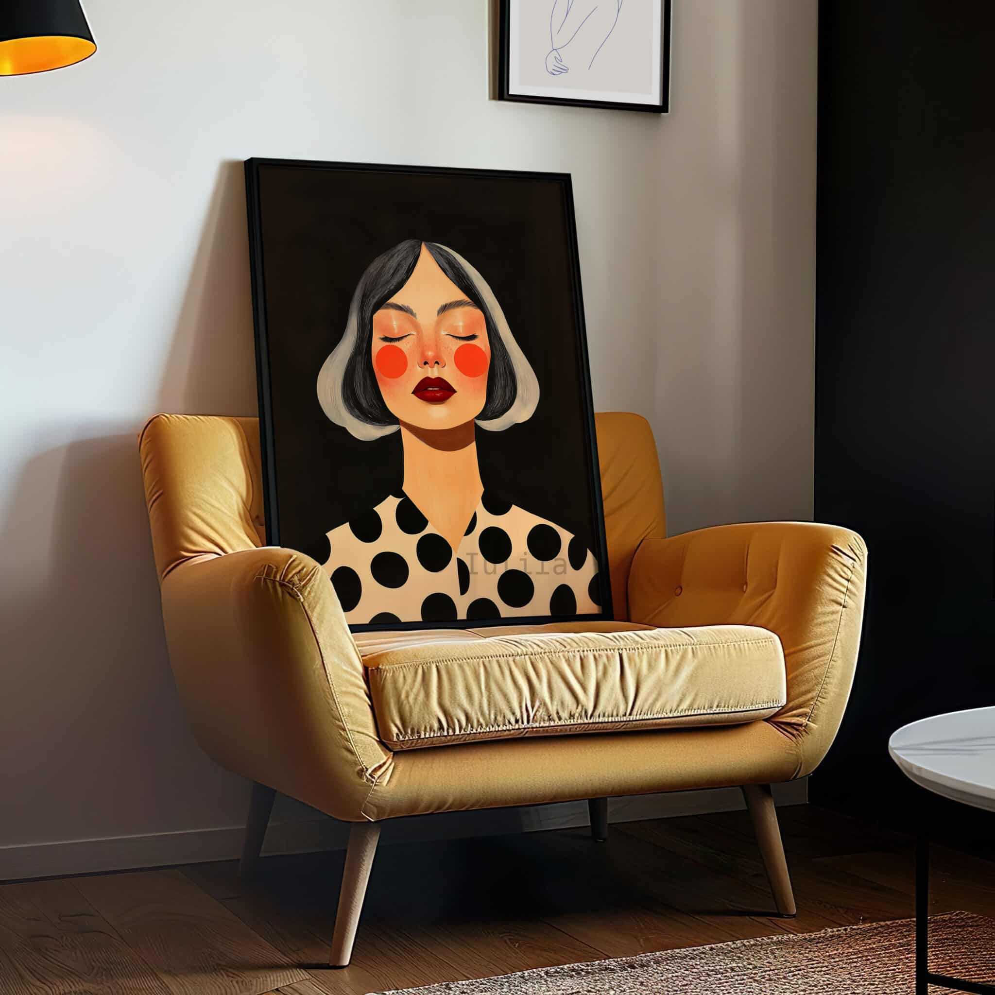 Female Figure Art, Gray Haired Woman Portrait, Black Cream Polka Dot Print, Contemporary Bedroom Decor - photo #11