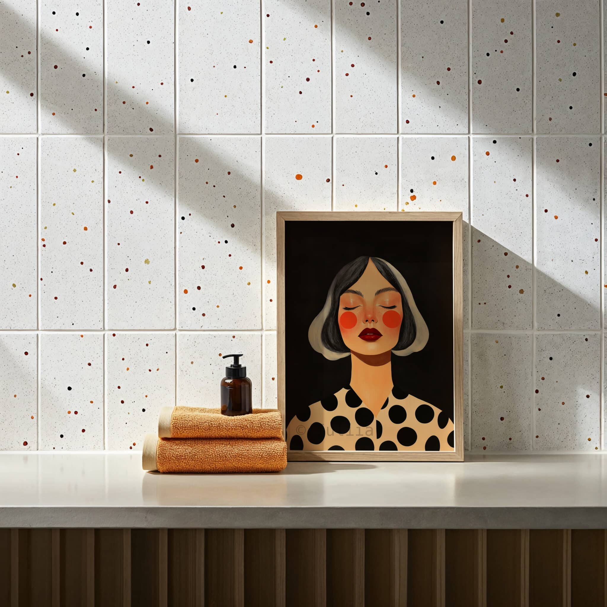 Female Figure Art, Gray Haired Woman Portrait, Black Cream Polka Dot Print, Contemporary Bedroom Decor - photo #12