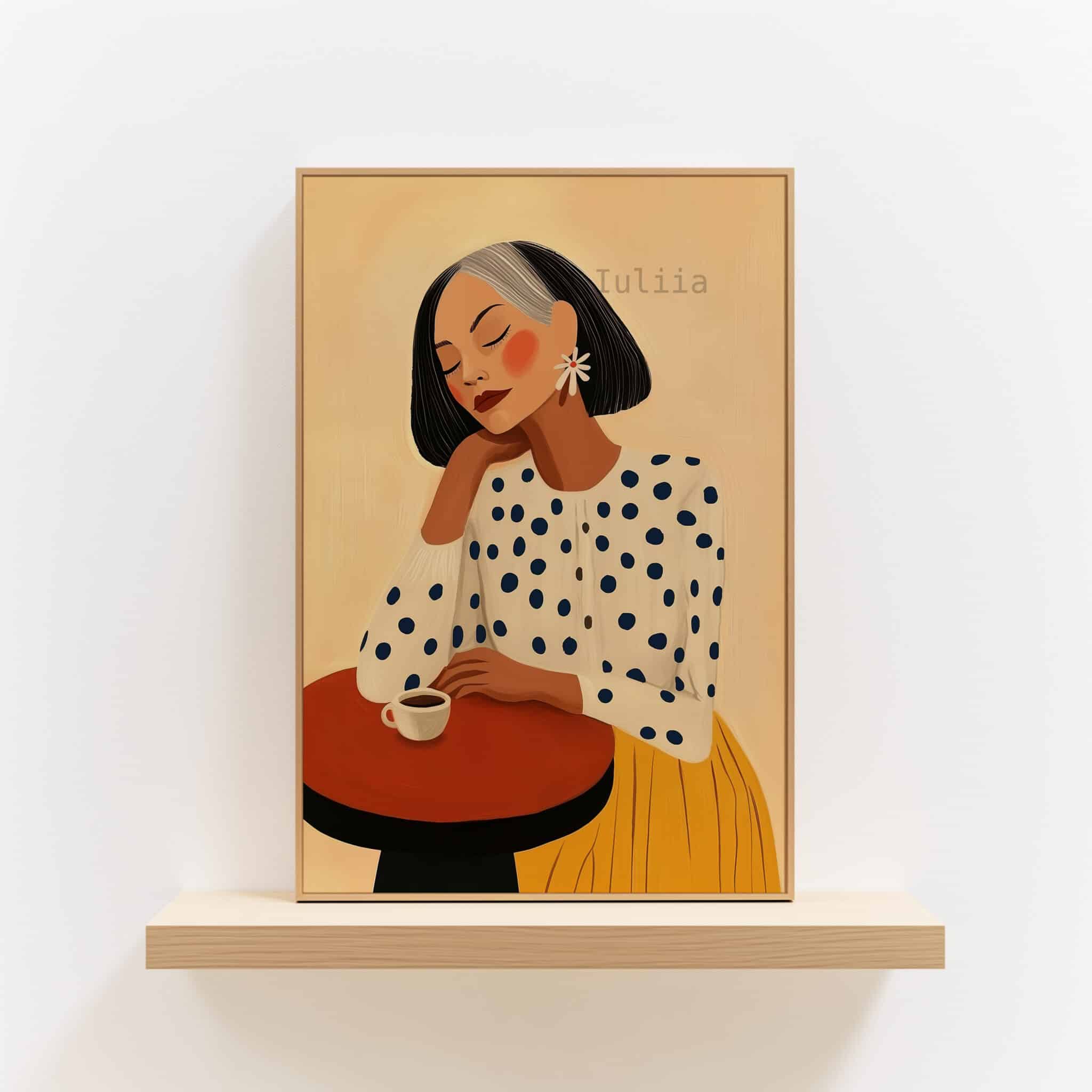 Mid-Century Art Print, Gray-Haired Woman with Coffee Artwork, Mature Female Portrait Premium Matte Paper Wall Decor