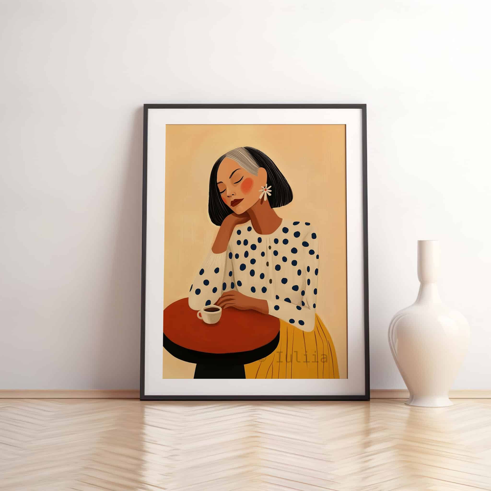 Mid-Century Art Print, Gray-Haired Woman with Coffee Artwork, Mature Female Portrait Premium Matte Paper Wall Decor - photo #9
