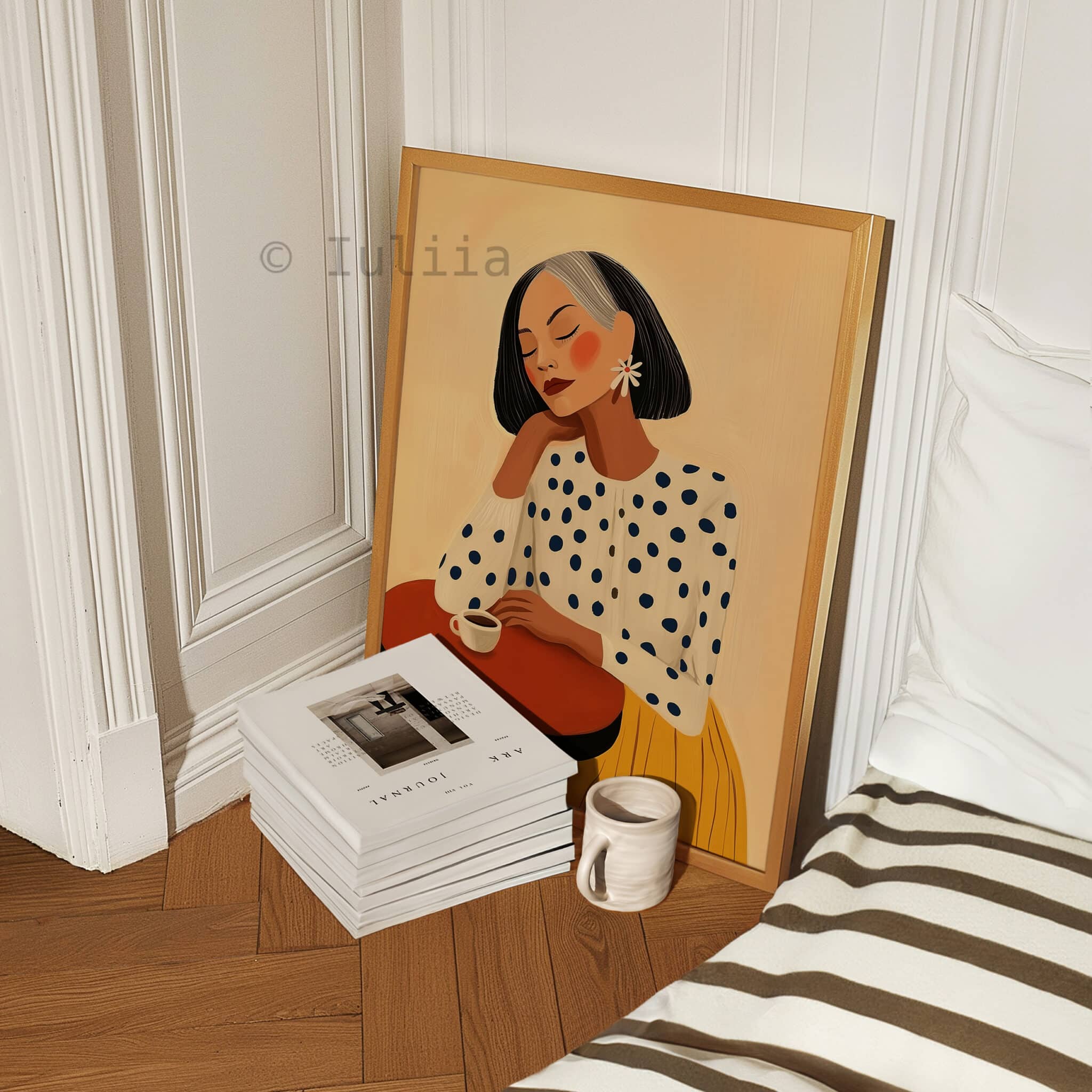 Mid-Century Art Print, Gray-Haired Woman with Coffee Artwork, Mature Female Portrait Premium Matte Paper Wall Decor - photo #4