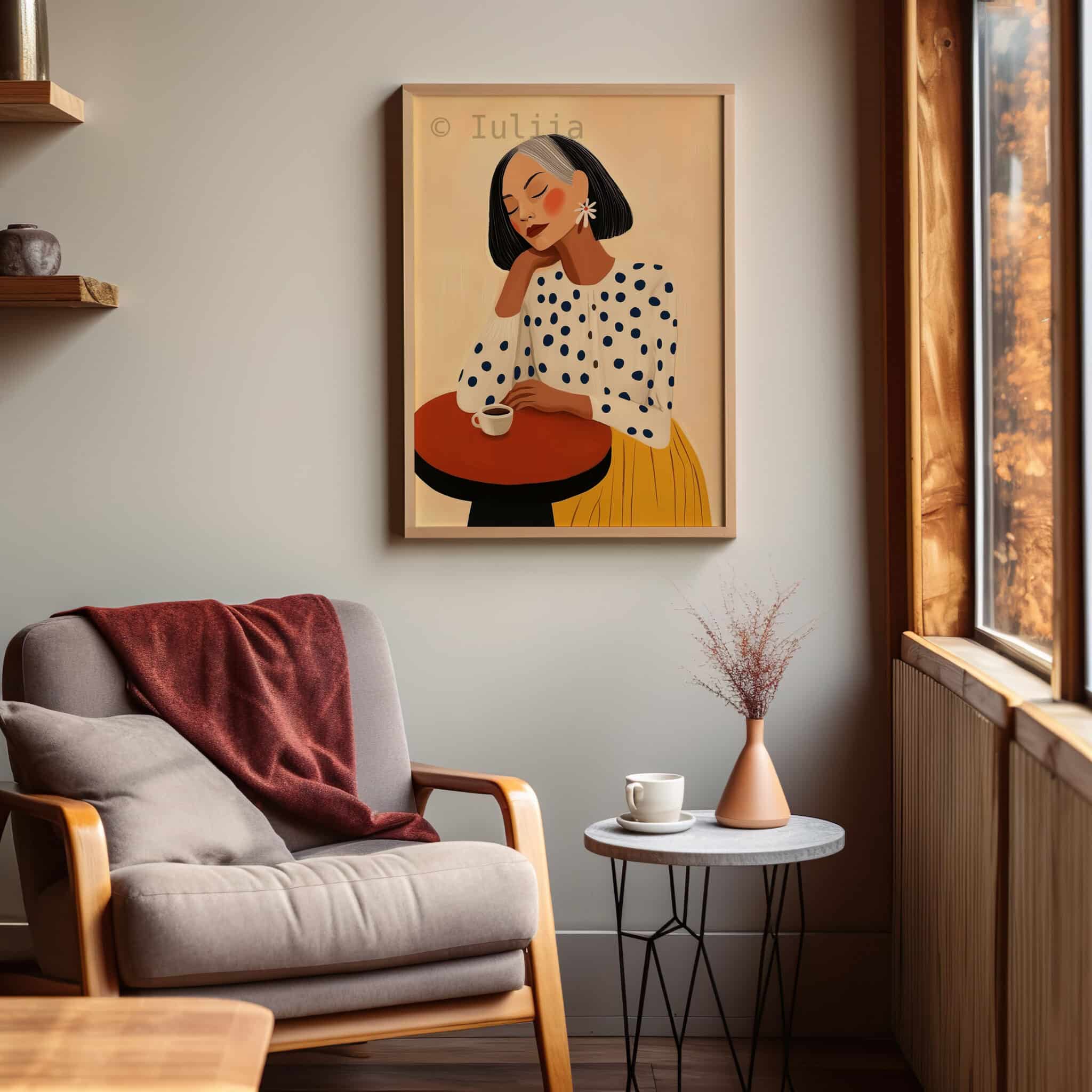 Mid-Century Art Print, Gray-Haired Woman with Coffee Artwork, Mature Female Portrait Premium Matte Paper Wall Decor - photo #2