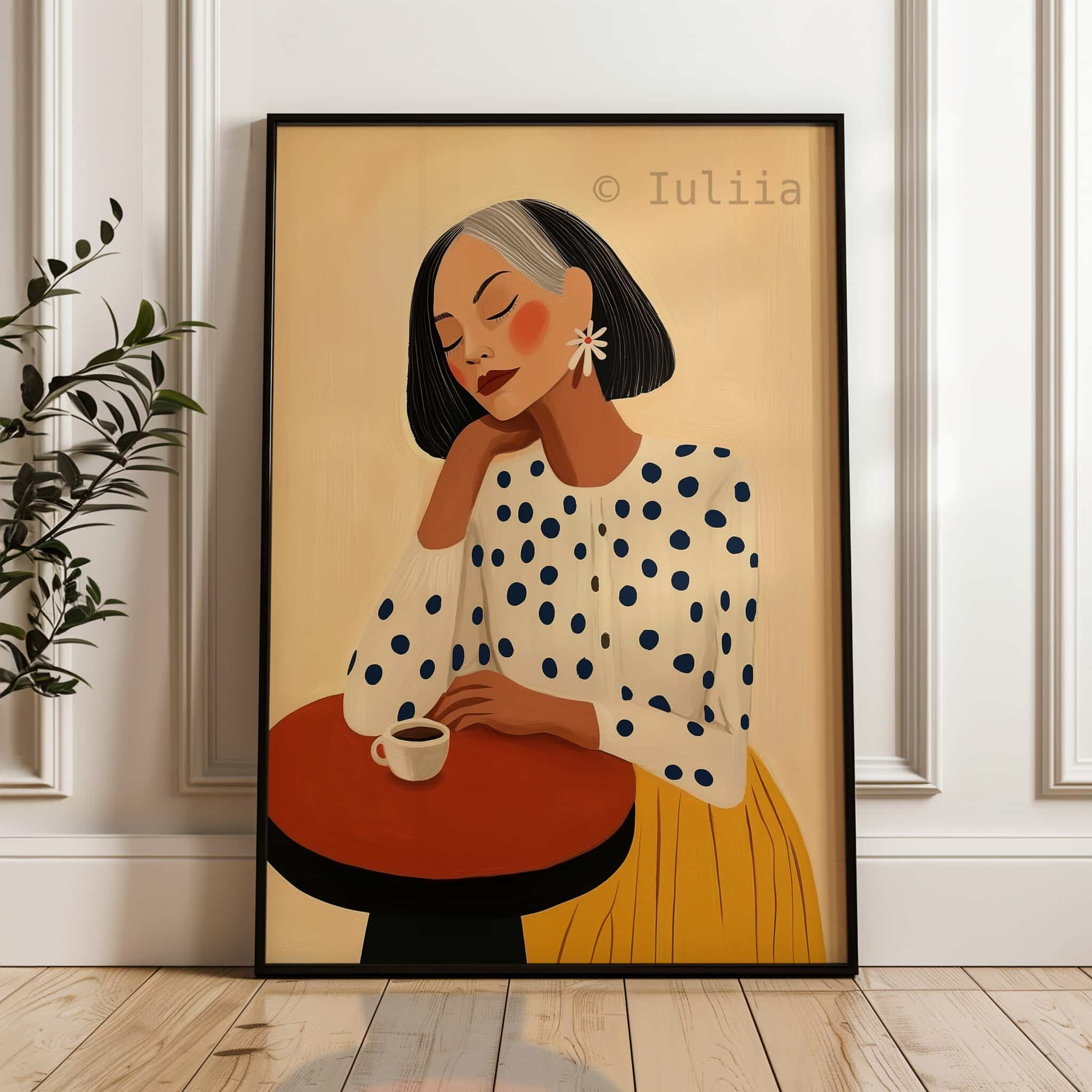 Mid-Century Art Print, Gray-Haired Woman with Coffee Artwork, Mature Female Portrait Premium Matte Paper Wall Decor - photo #3