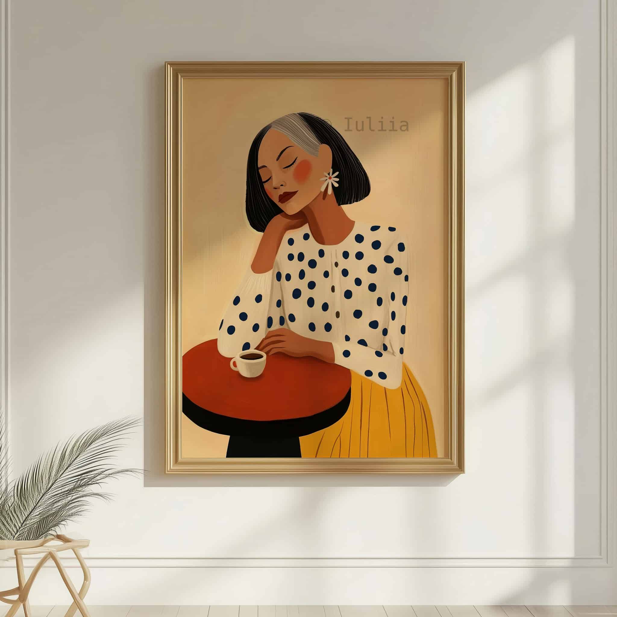 Mid-Century Art Print, Gray-Haired Woman with Coffee Artwork, Mature Female Portrait Premium Matte Paper Wall Decor - photo #6