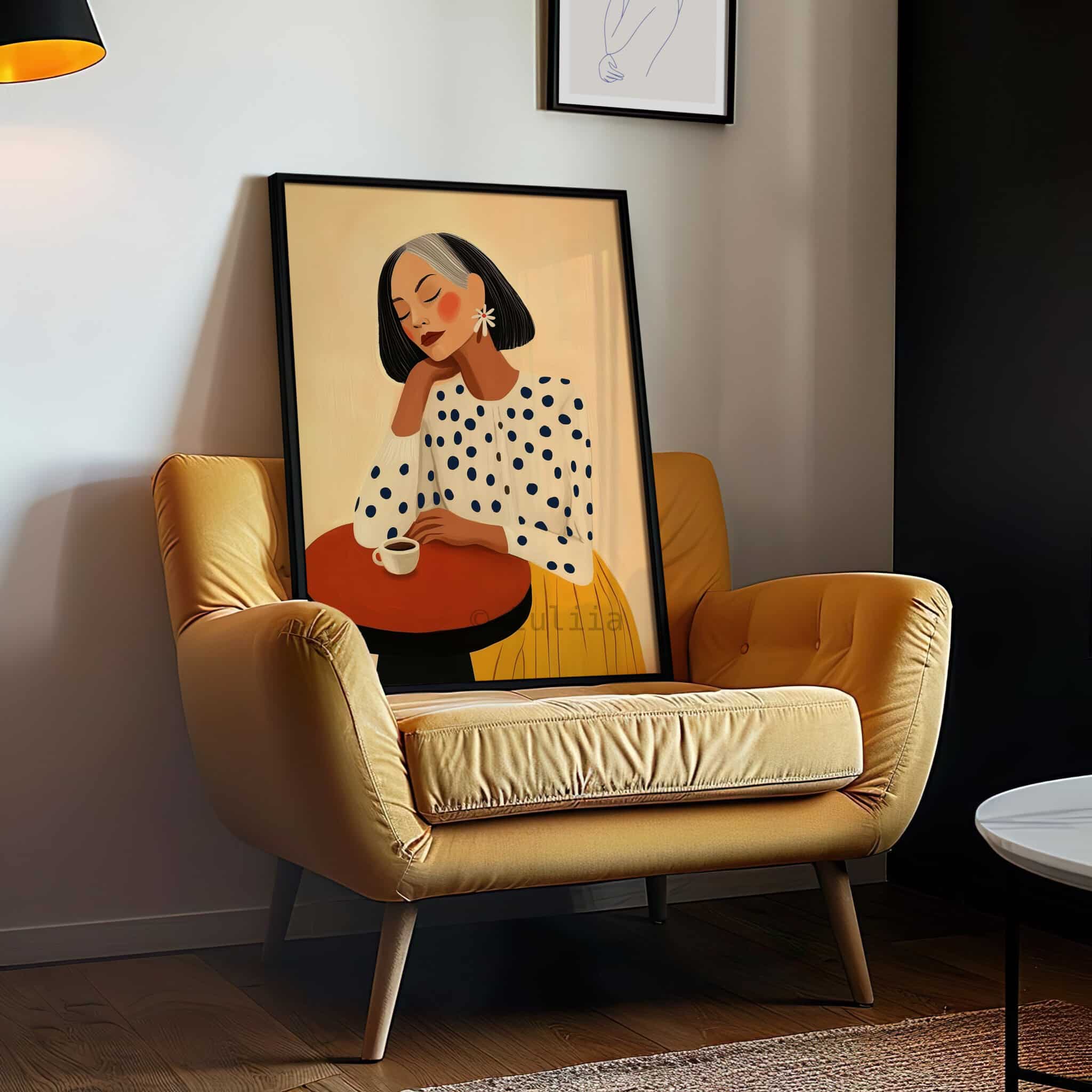Mid-Century Art Print, Gray-Haired Woman with Coffee Artwork, Mature Female Portrait Premium Matte Paper Wall Decor - photo #10