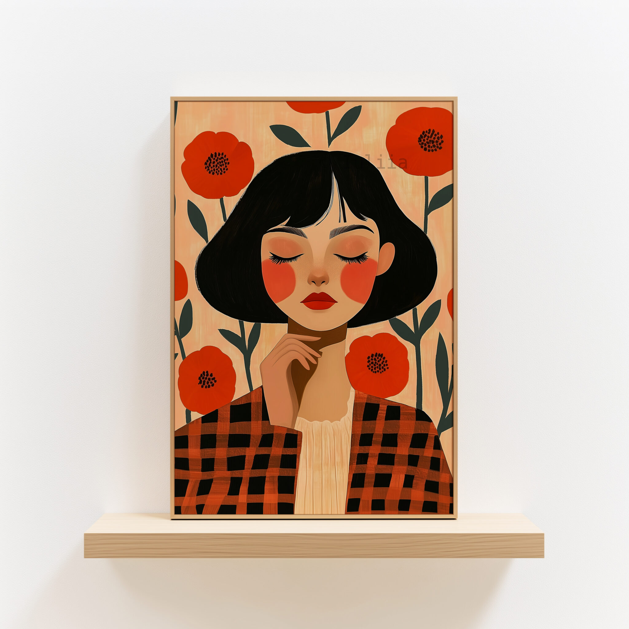 Floral Portrait Art Print Woman with Red Poppies, Modern Botanical Decor for Bedroom or Living Room