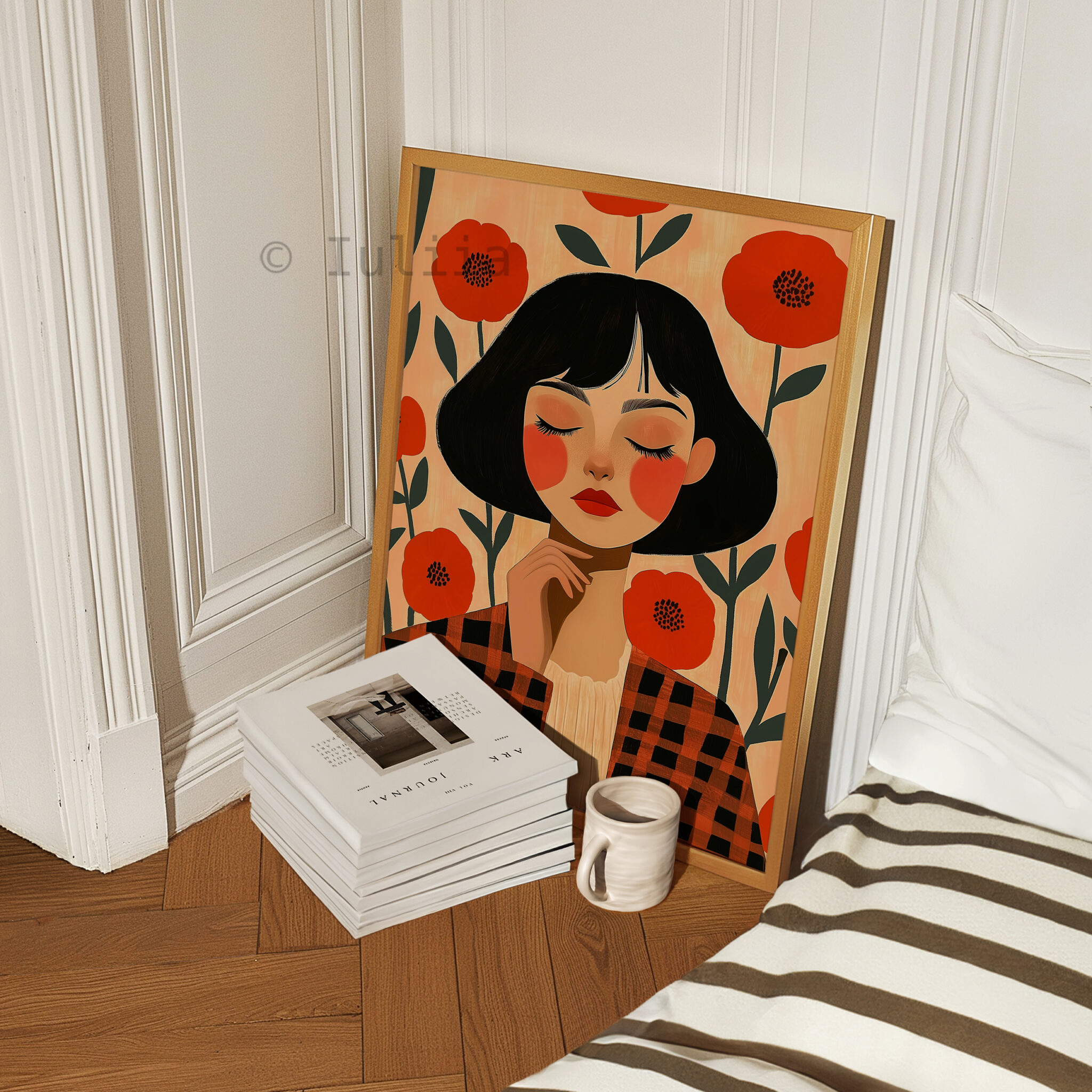 Floral Portrait Art Print Woman with Red Poppies, Modern Botanical Decor for Bedroom or Living Room - photo #4