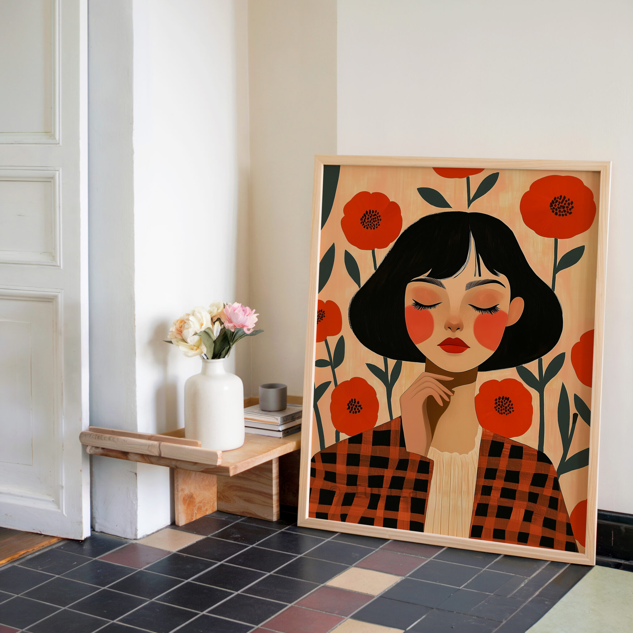 Floral Portrait Art Print Woman with Red Poppies, Modern Botanical Decor for Bedroom or Living Room - photo #2