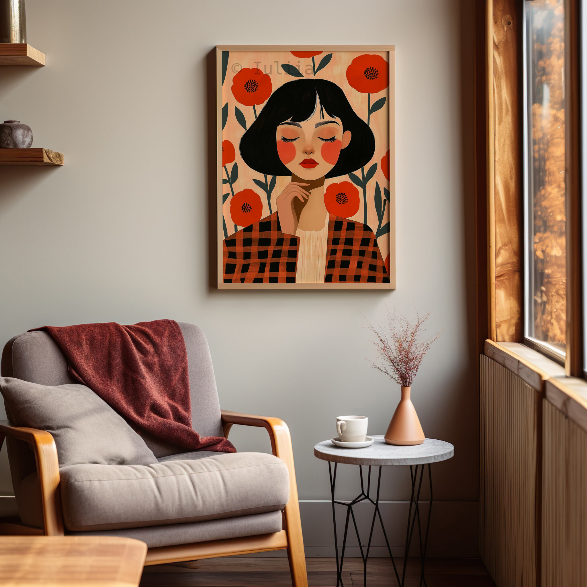 Floral Portrait Art Print Woman with Red Poppies, Modern Botanical Decor for Bedroom or Living Room - photo #6