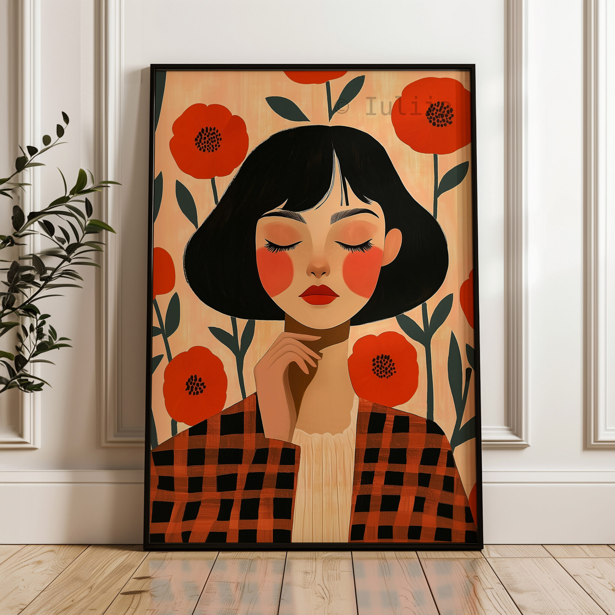 Floral Portrait Art Print Woman with Red Poppies, Modern Botanical Decor for Bedroom or Living Room - photo #3