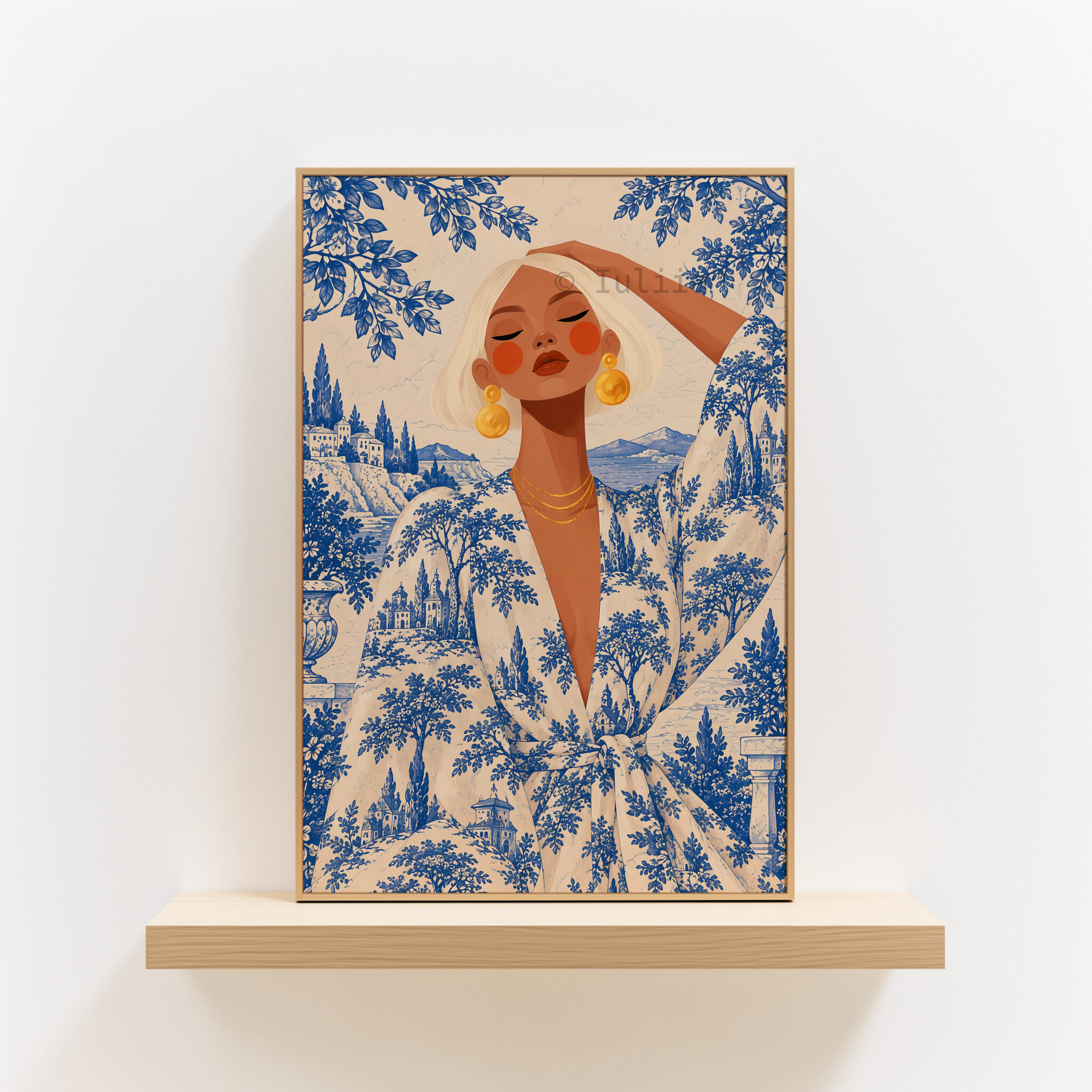 Blue Toile Art Print, Elegant Woman in French Riviera Scenery, Blue White Botanical Decor, Refined Coastal Home Accent