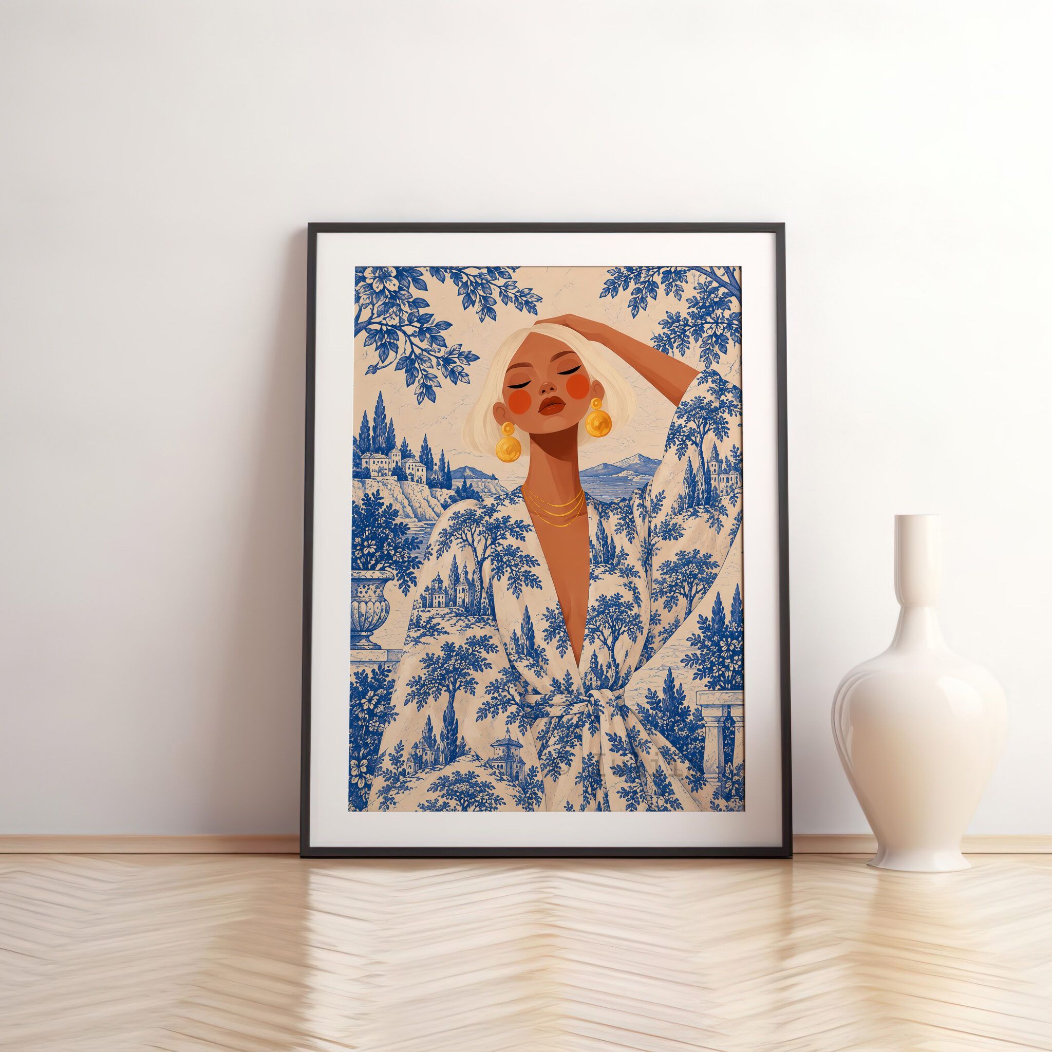Blue Toile Art Print, Elegant Woman in French Riviera Scenery, Blue White Botanical Decor, Refined Coastal Home Accent - photo #11