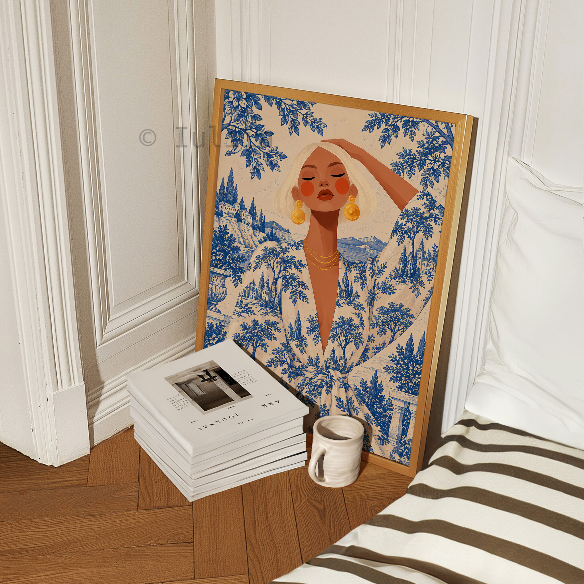 Blue Toile Art Print, Elegant Woman in French Riviera Scenery, Blue White Botanical Decor, Refined Coastal Home Accent - photo #4