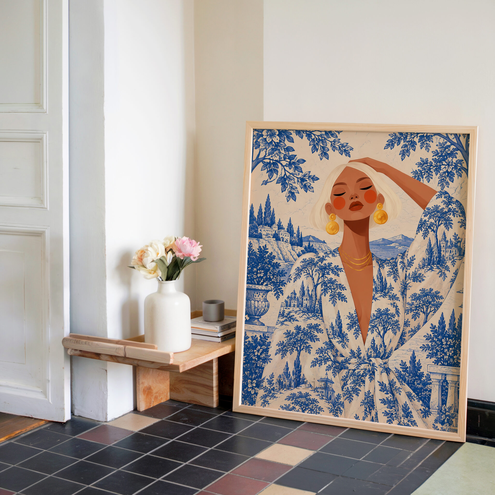 Blue Toile Art Print, Elegant Woman in French Riviera Scenery, Blue White Botanical Decor, Refined Coastal Home Accent - photo #2
