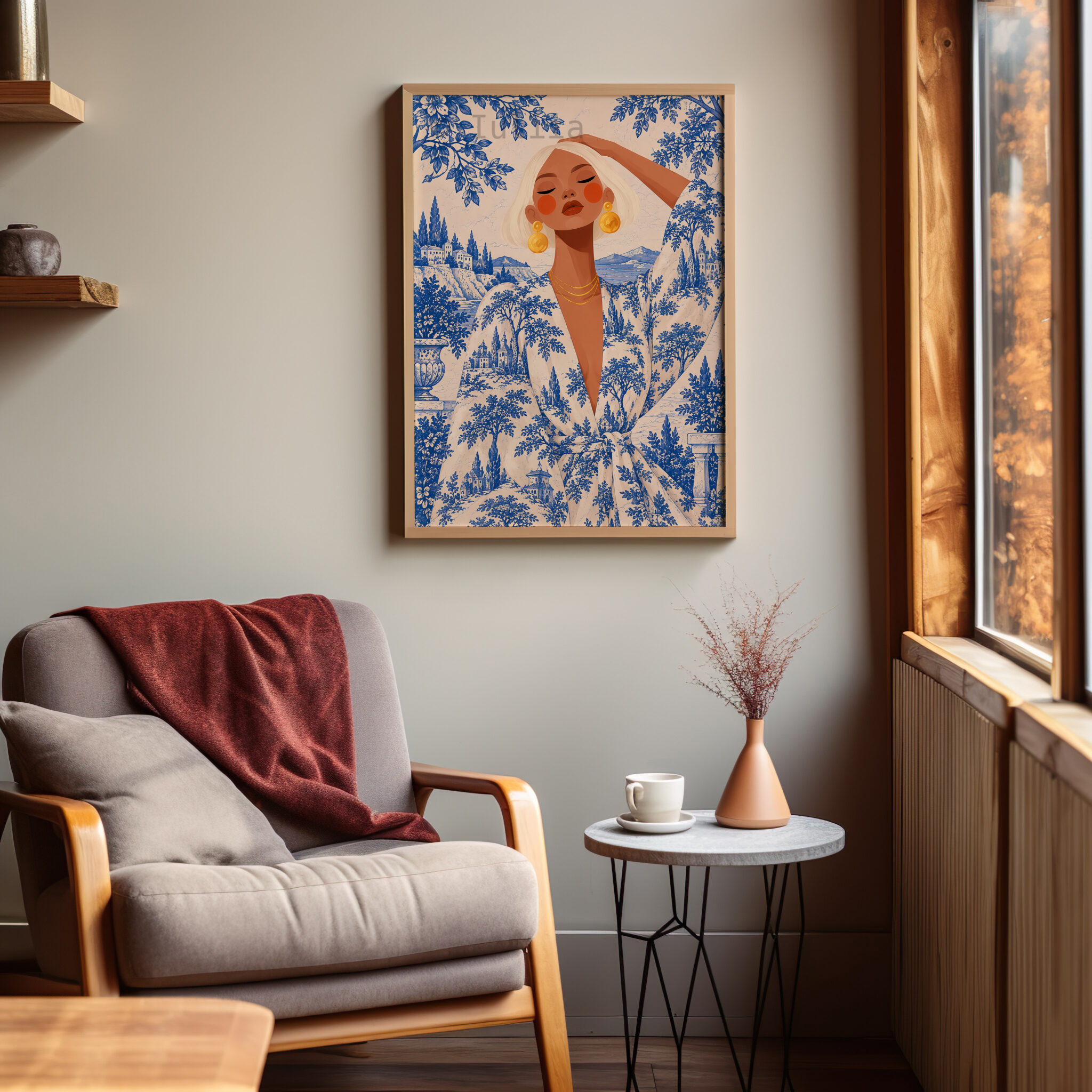 Blue Toile Art Print, Elegant Woman in French Riviera Scenery, Blue White Botanical Decor, Refined Coastal Home Accent - photo #6