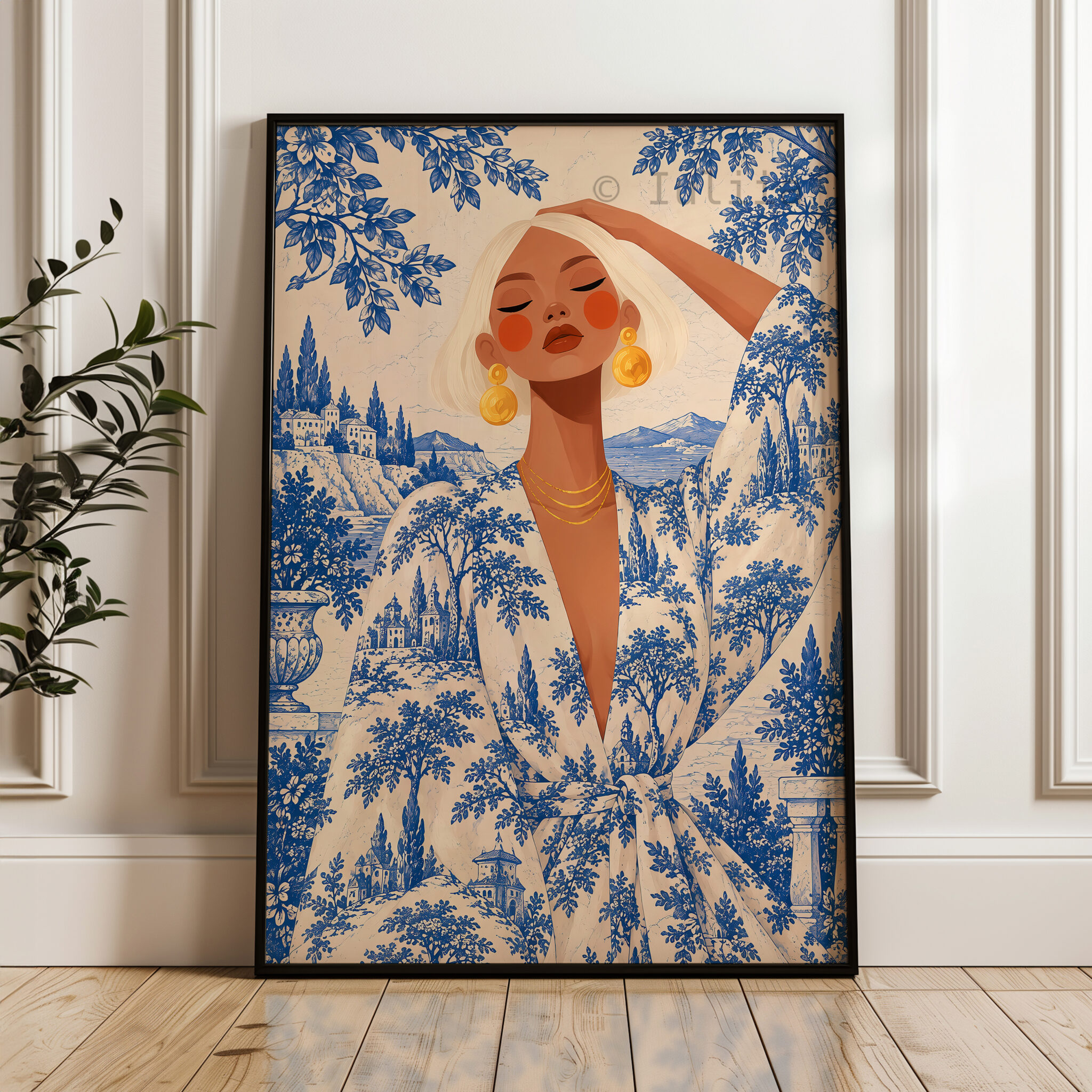Blue Toile Art Print, Elegant Woman in French Riviera Scenery, Blue White Botanical Decor, Refined Coastal Home Accent - photo #3