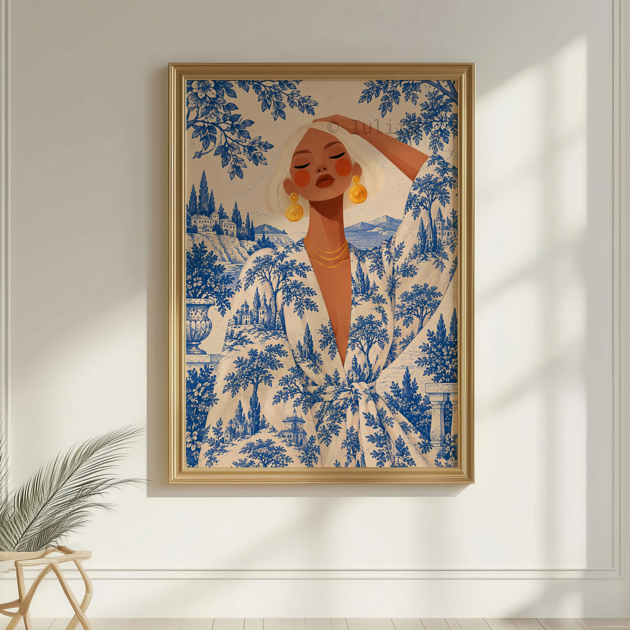 Blue Toile Art Print, Elegant Woman in French Riviera Scenery, Blue White Botanical Decor, Refined Coastal Home Accent - photo #7