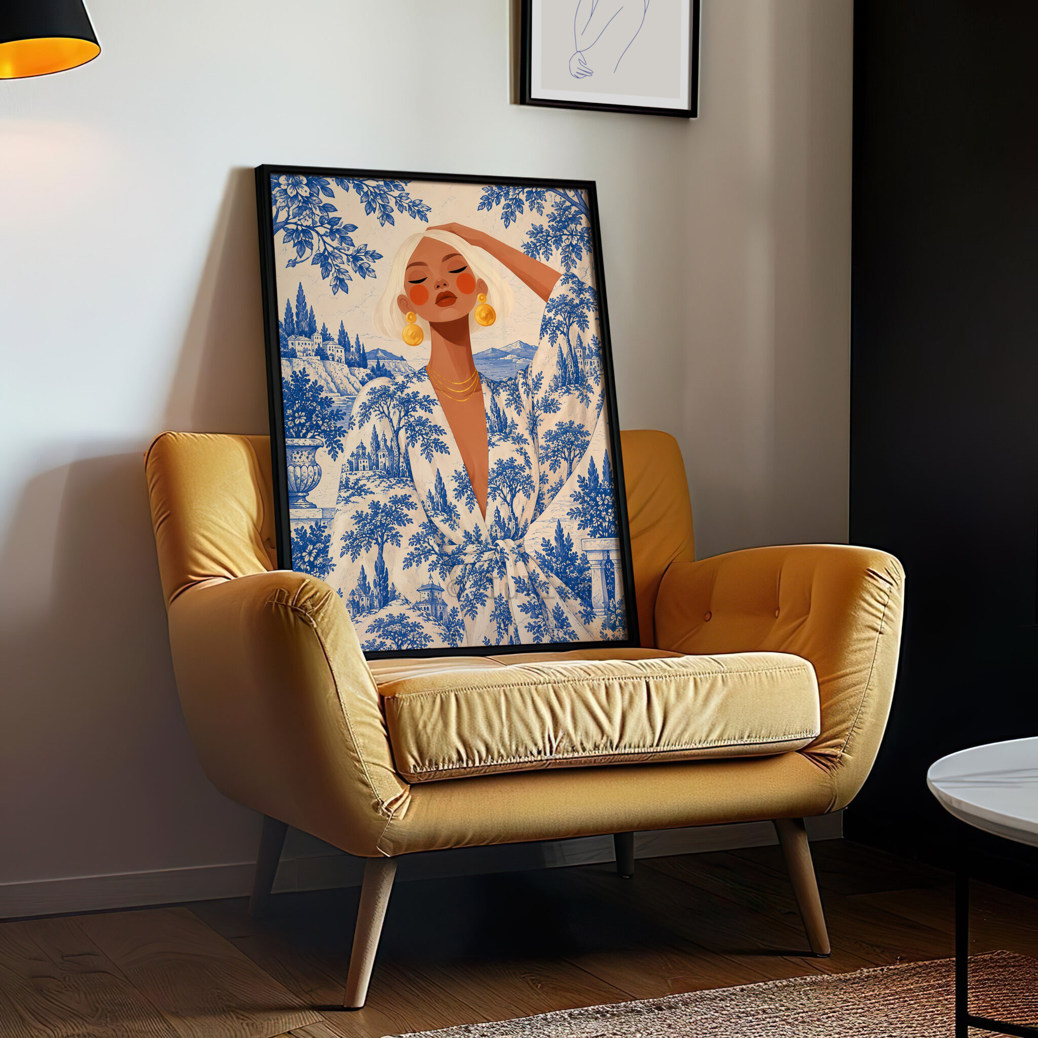 Blue Toile Art Print, Elegant Woman in French Riviera Scenery, Blue White Botanical Decor, Refined Coastal Home Accent - photo #10