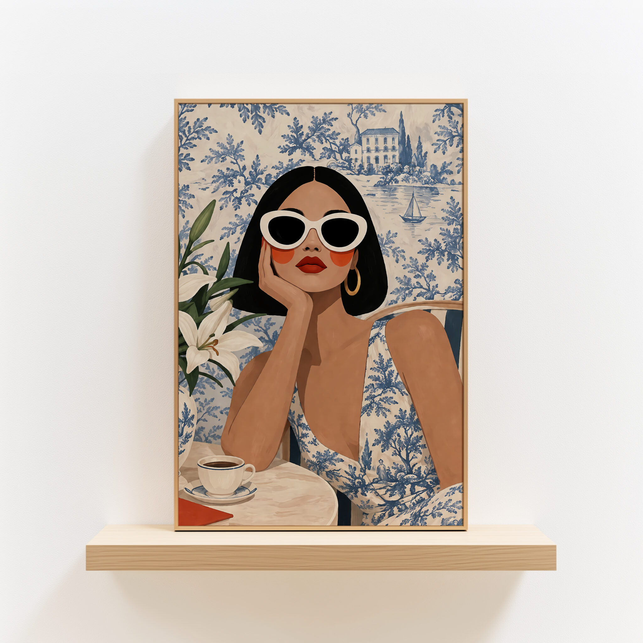 Coastal Wall Art Print, Elegant Woman at a French Riviera Cafe, Blue Toile Landscape, Sophisticated European Interior Decor