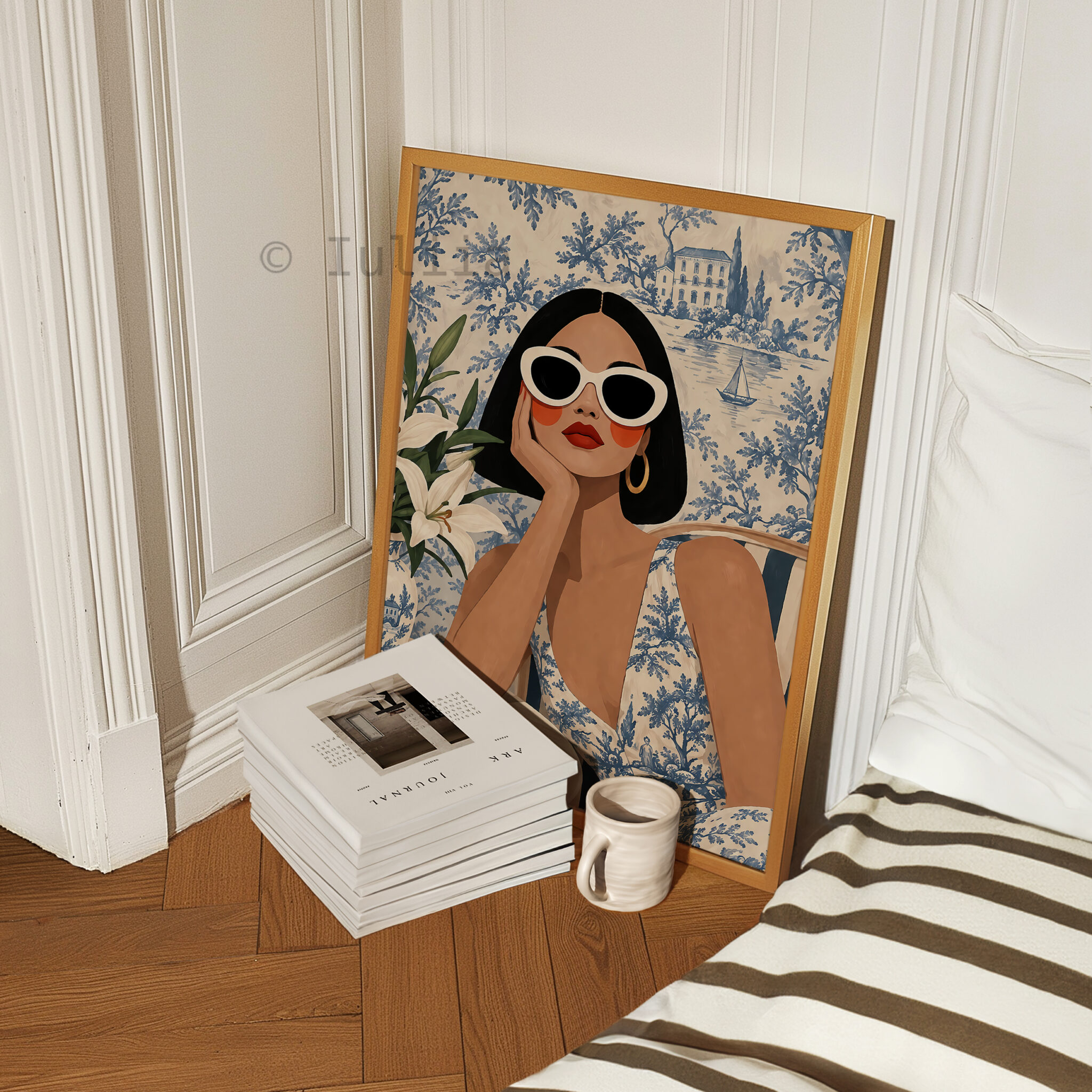 Coastal Wall Art Print, Elegant Woman at a French Riviera Cafe, Blue Toile Landscape, Sophisticated European Interior Decor - photo #4