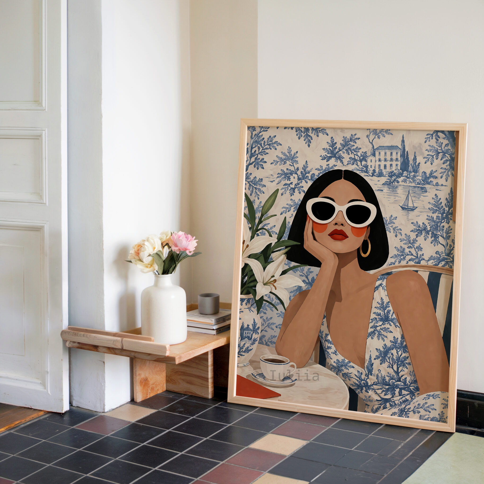 Coastal Wall Art Print, Elegant Woman at a French Riviera Cafe, Blue Toile Landscape, Sophisticated European Interior Decor - photo #2