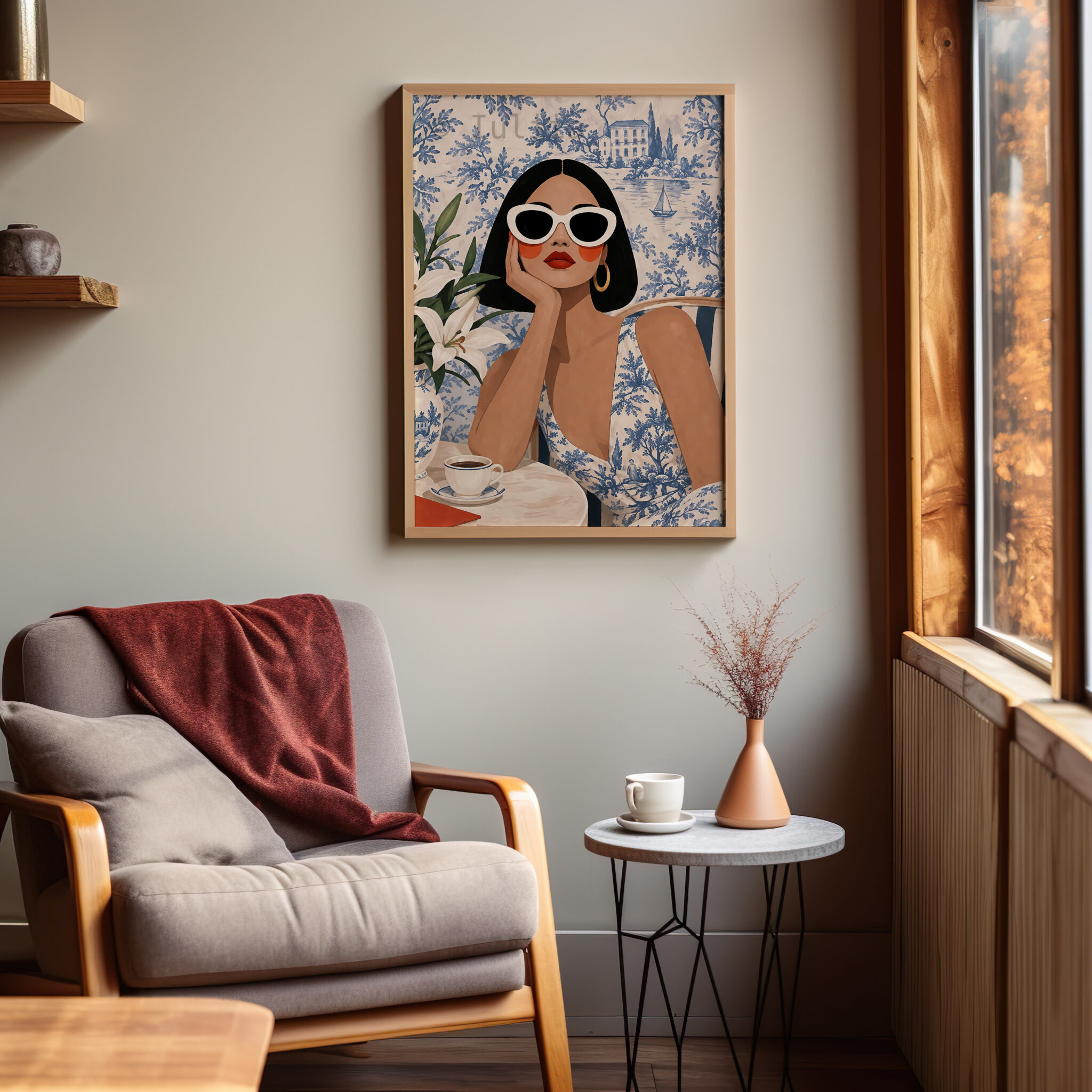 Coastal Wall Art Print, Elegant Woman at a French Riviera Cafe, Blue Toile Landscape, Sophisticated European Interior Decor - photo #6