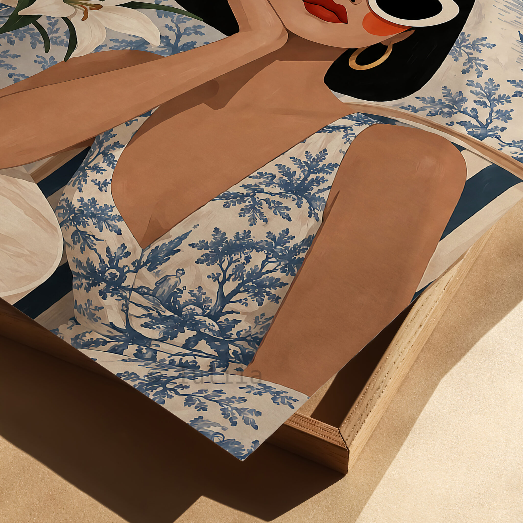 Coastal Wall Art Print, Elegant Woman at a French Riviera Cafe, Blue Toile Landscape, Sophisticated European Interior Decor - photo #1
