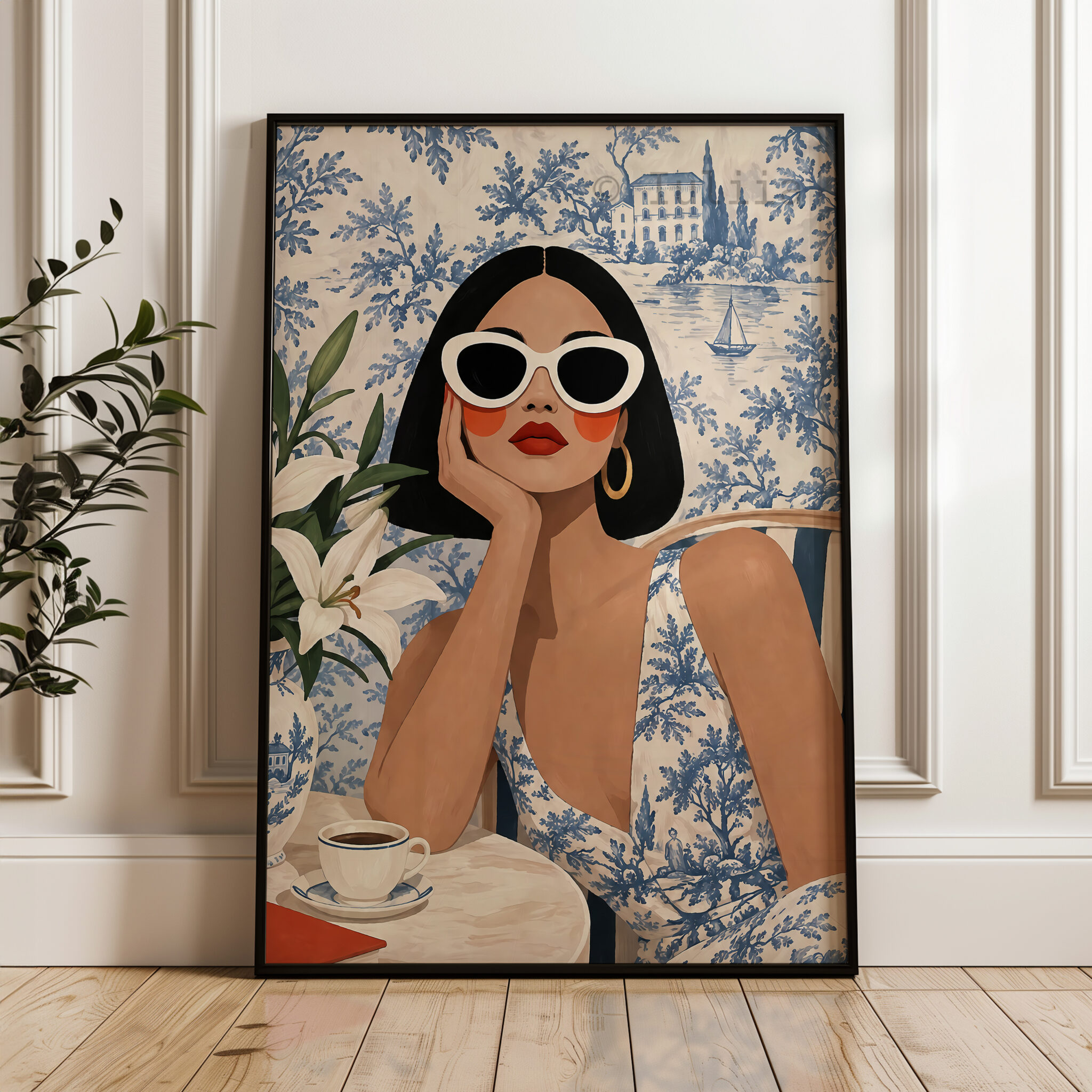 Coastal Wall Art Print, Elegant Woman at a French Riviera Cafe, Blue Toile Landscape, Sophisticated European Interior Decor - photo #3