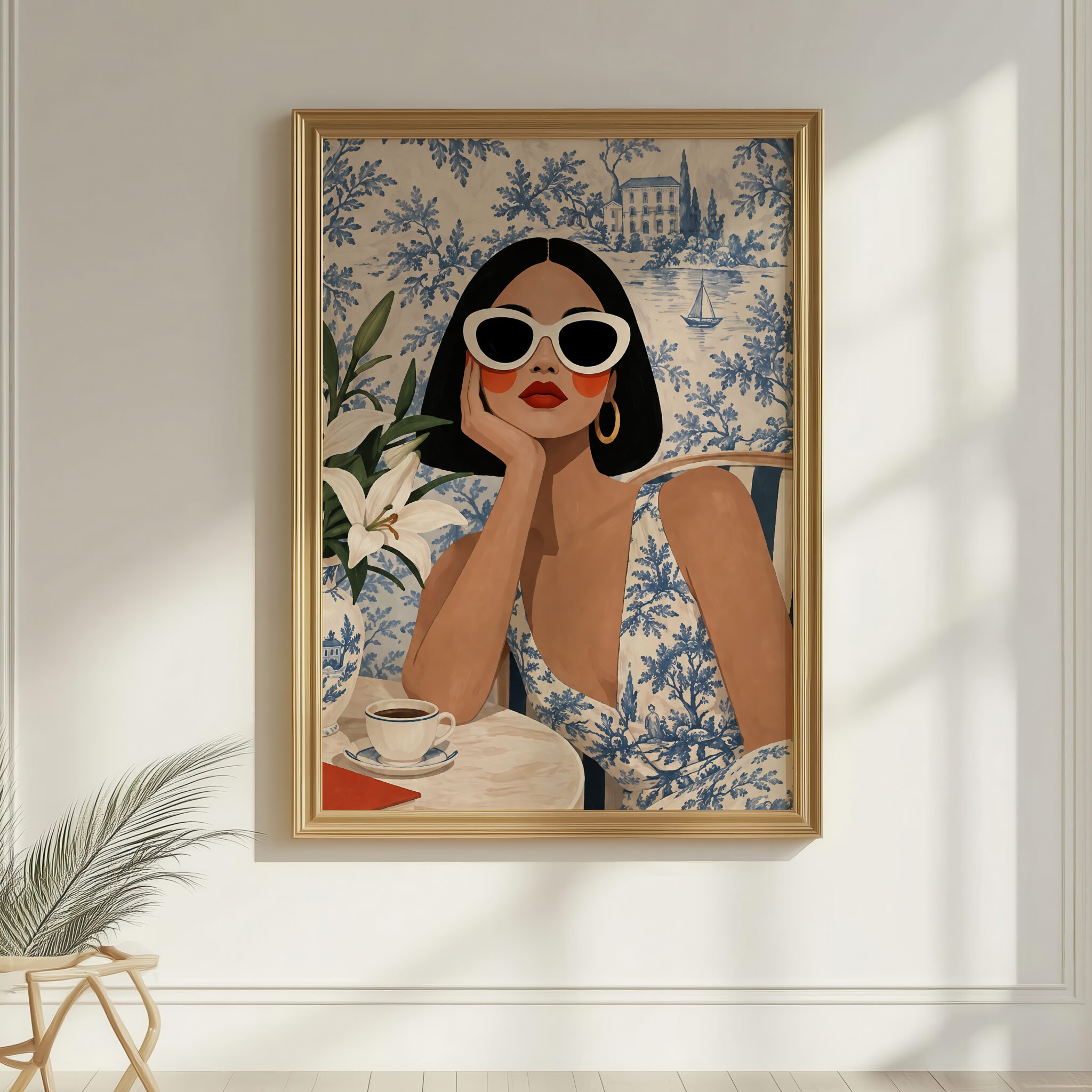 Coastal Wall Art Print, Elegant Woman at a French Riviera Cafe, Blue Toile Landscape, Sophisticated European Interior Decor - photo #7