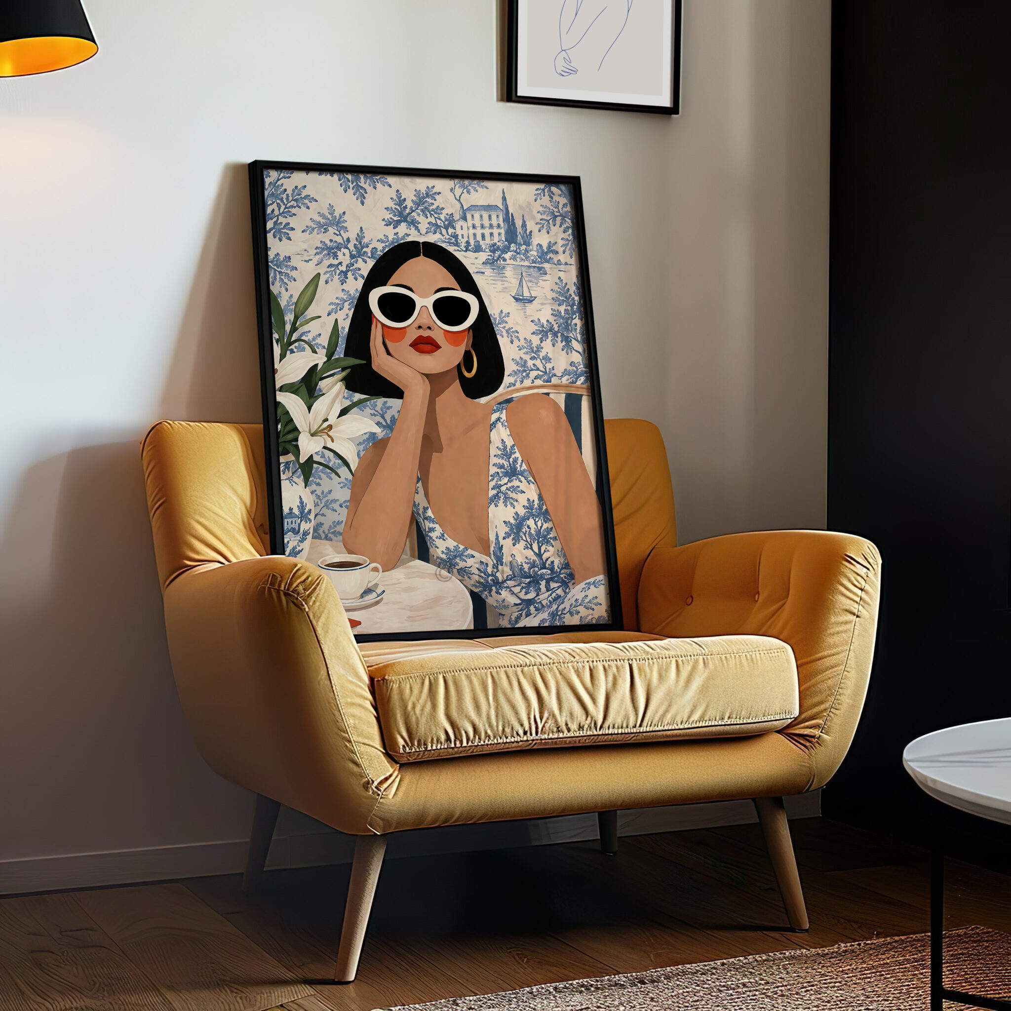 Coastal Wall Art Print, Elegant Woman at a French Riviera Cafe, Blue Toile Landscape, Sophisticated European Interior Decor - photo #10