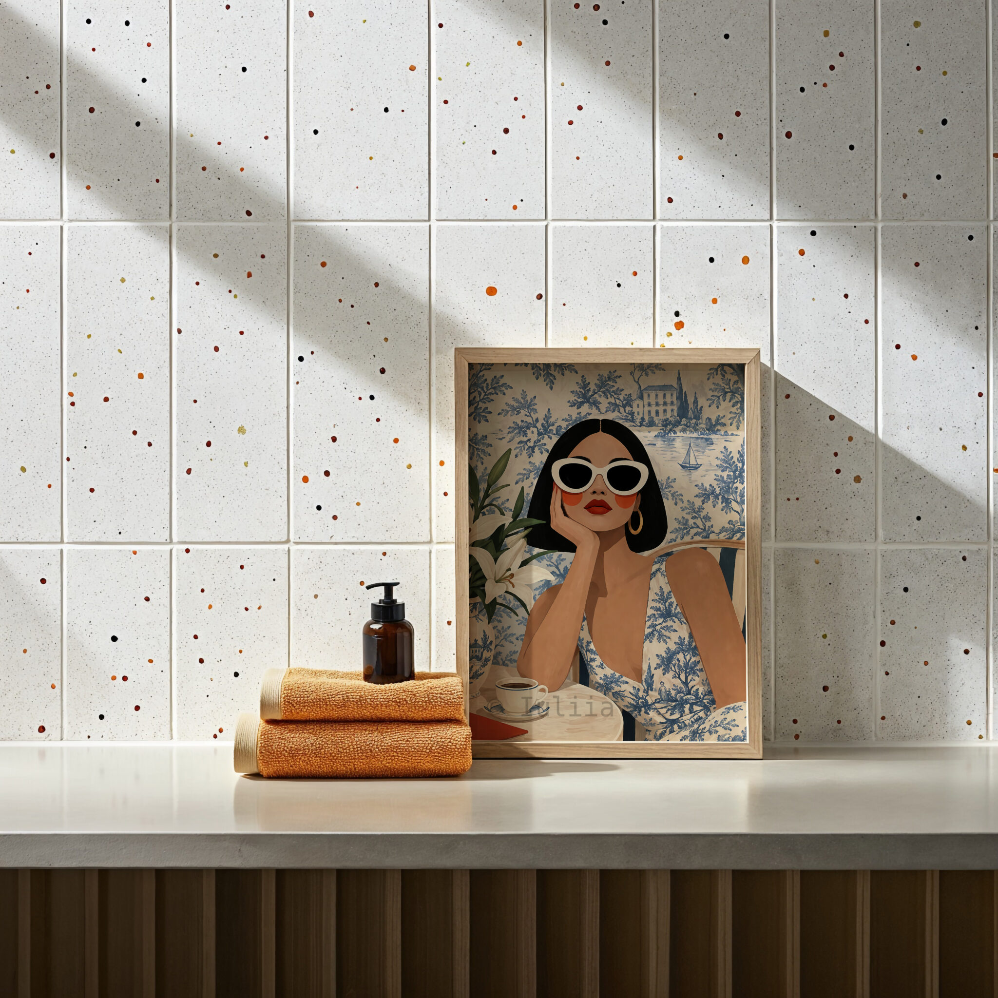 Coastal Wall Art Print, Elegant Woman at a French Riviera Cafe, Blue Toile Landscape, Sophisticated European Interior Decor - photo #12