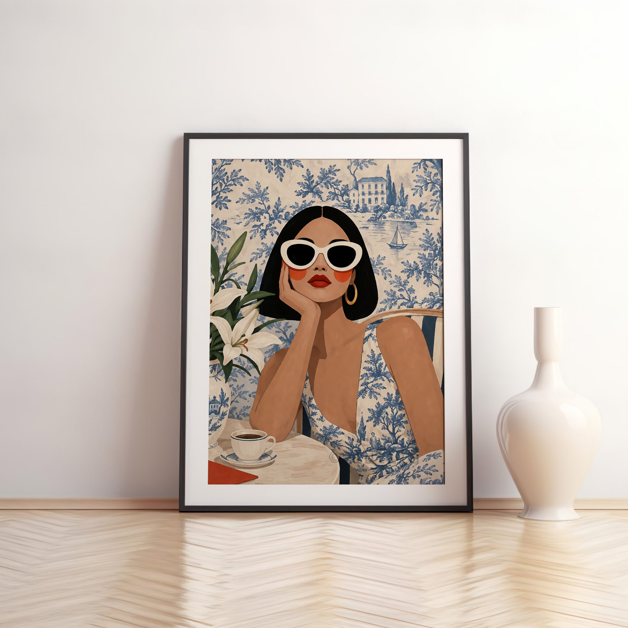 Coastal Wall Art Print, Elegant Woman at a French Riviera Cafe, Blue Toile Landscape, Sophisticated European Interior Decor - photo #11
