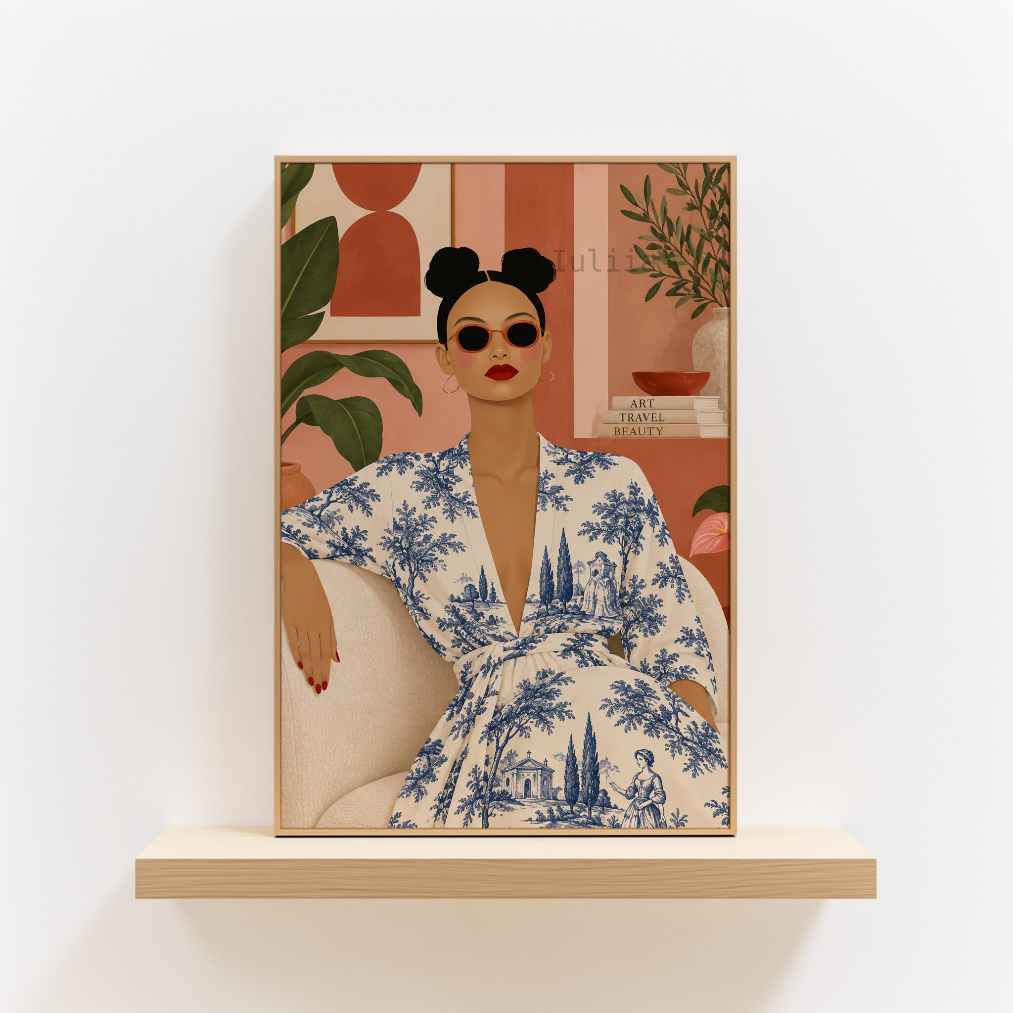 Toile Art Print, Chic Woman Portrait in Blue Scenic Pattern, Grand Millennial Decor, French Inspired Living Room Accent