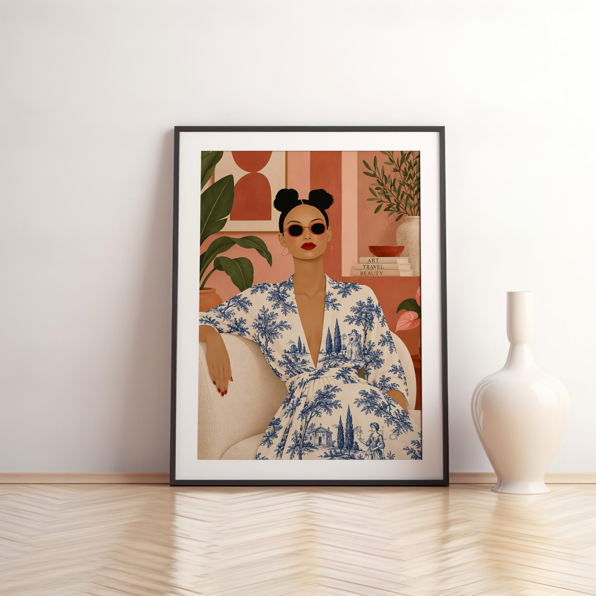 Toile Art Print, Chic Woman Portrait in Blue Scenic Pattern, Grand Millennial Decor, French Inspired Living Room Accent - photo #11