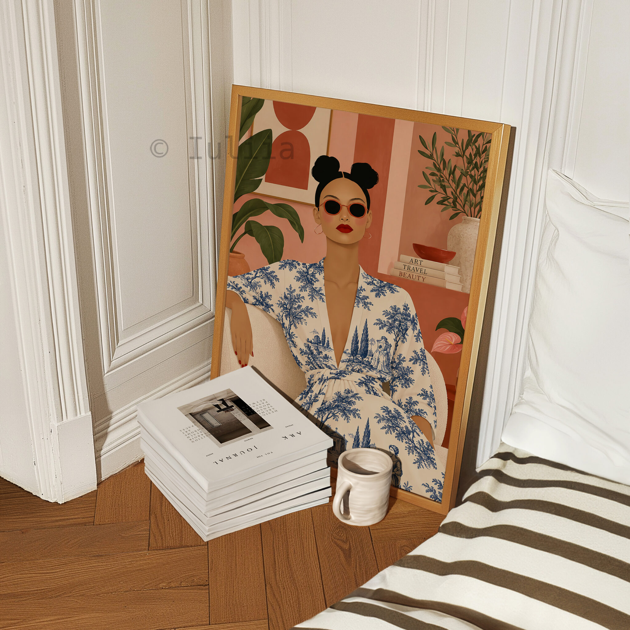 Toile Art Print, Chic Woman Portrait in Blue Scenic Pattern, Grand Millennial Decor, French Inspired Living Room Accent - photo #4