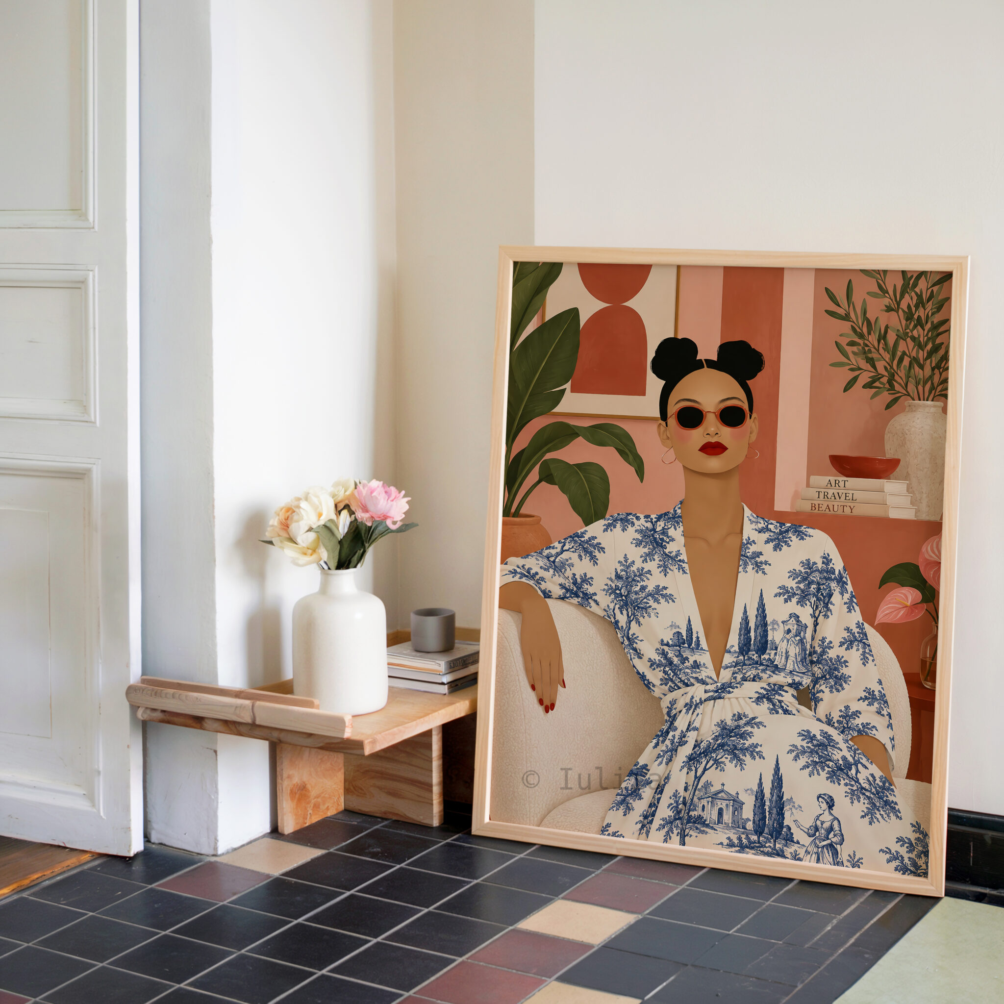 Toile Art Print, Chic Woman Portrait in Blue Scenic Pattern, Grand Millennial Decor, French Inspired Living Room Accent - photo #2
