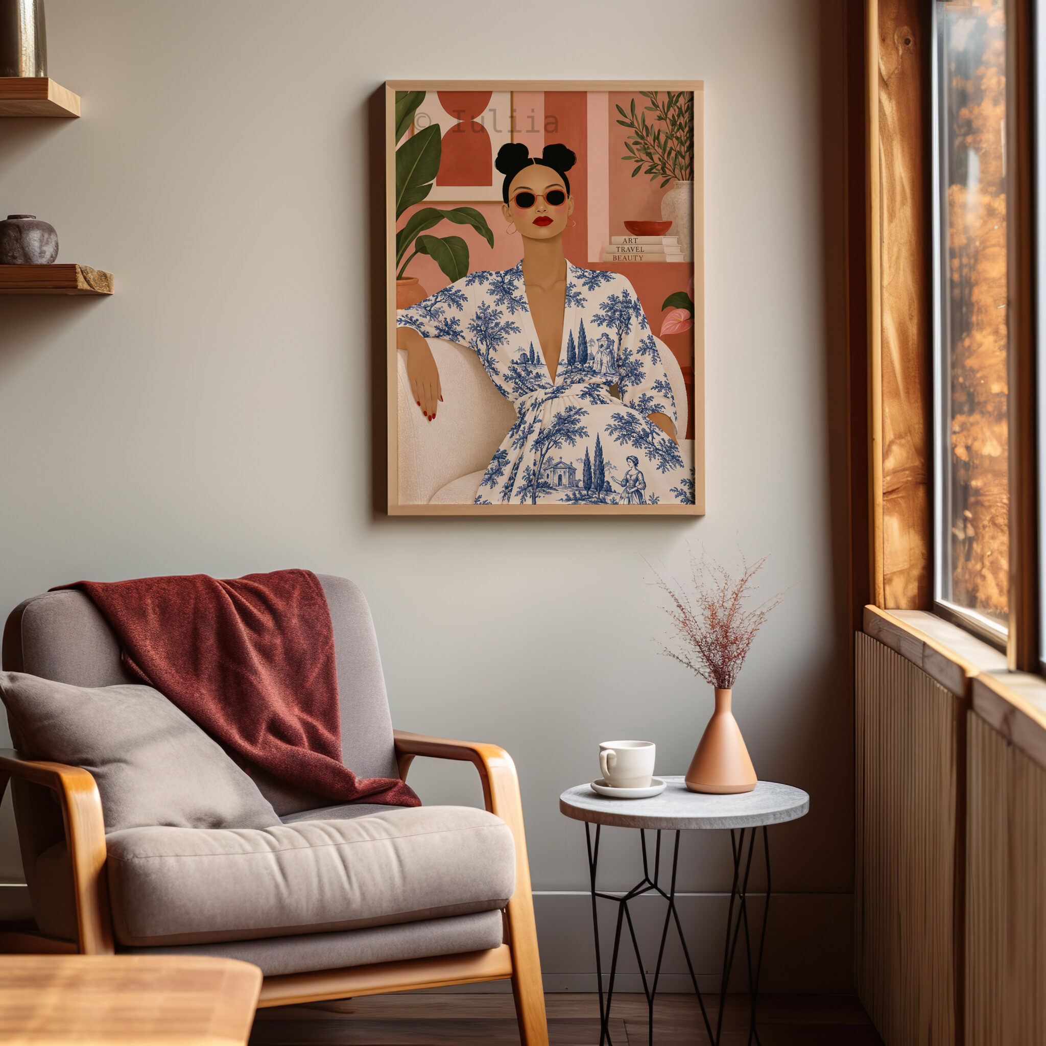 Toile Art Print, Chic Woman Portrait in Blue Scenic Pattern, Grand Millennial Decor, French Inspired Living Room Accent - photo #6
