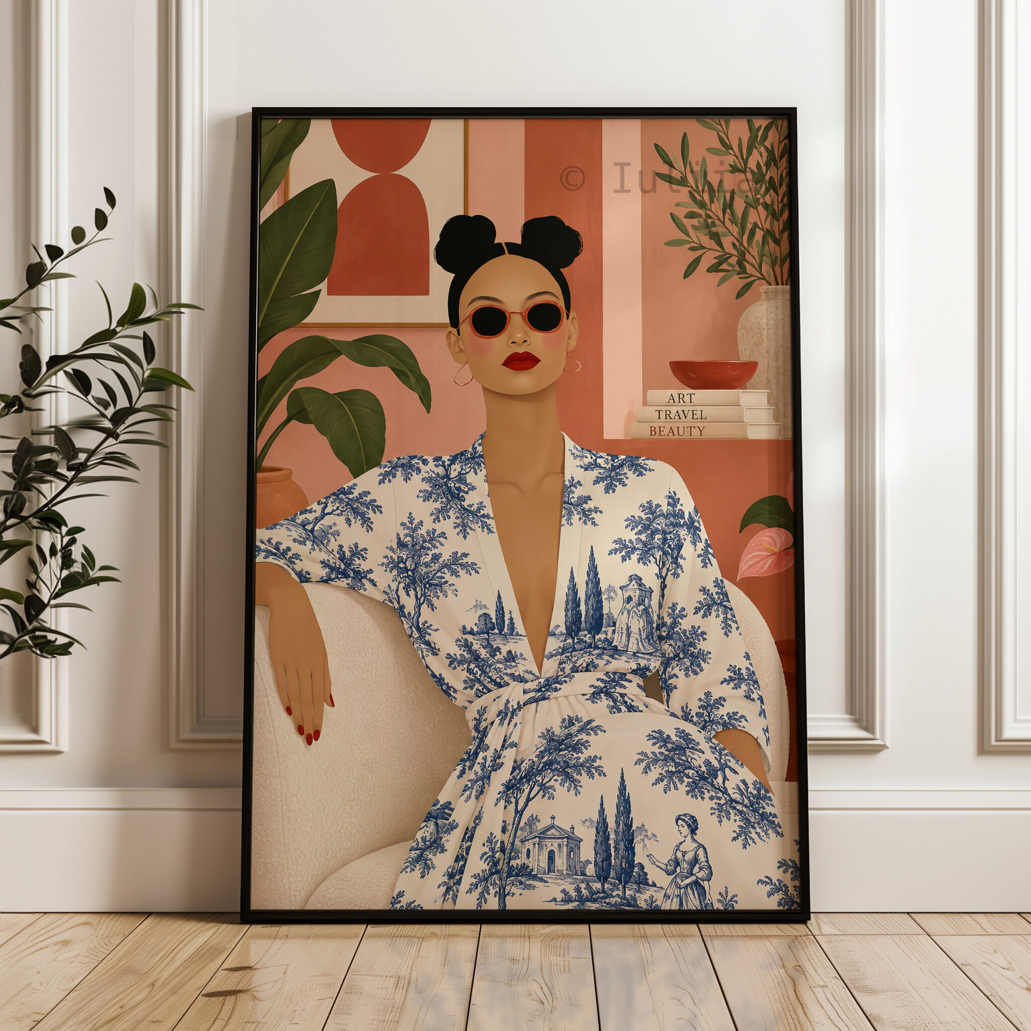 Toile Art Print, Chic Woman Portrait in Blue Scenic Pattern, Grand Millennial Decor, French Inspired Living Room Accent - photo #3