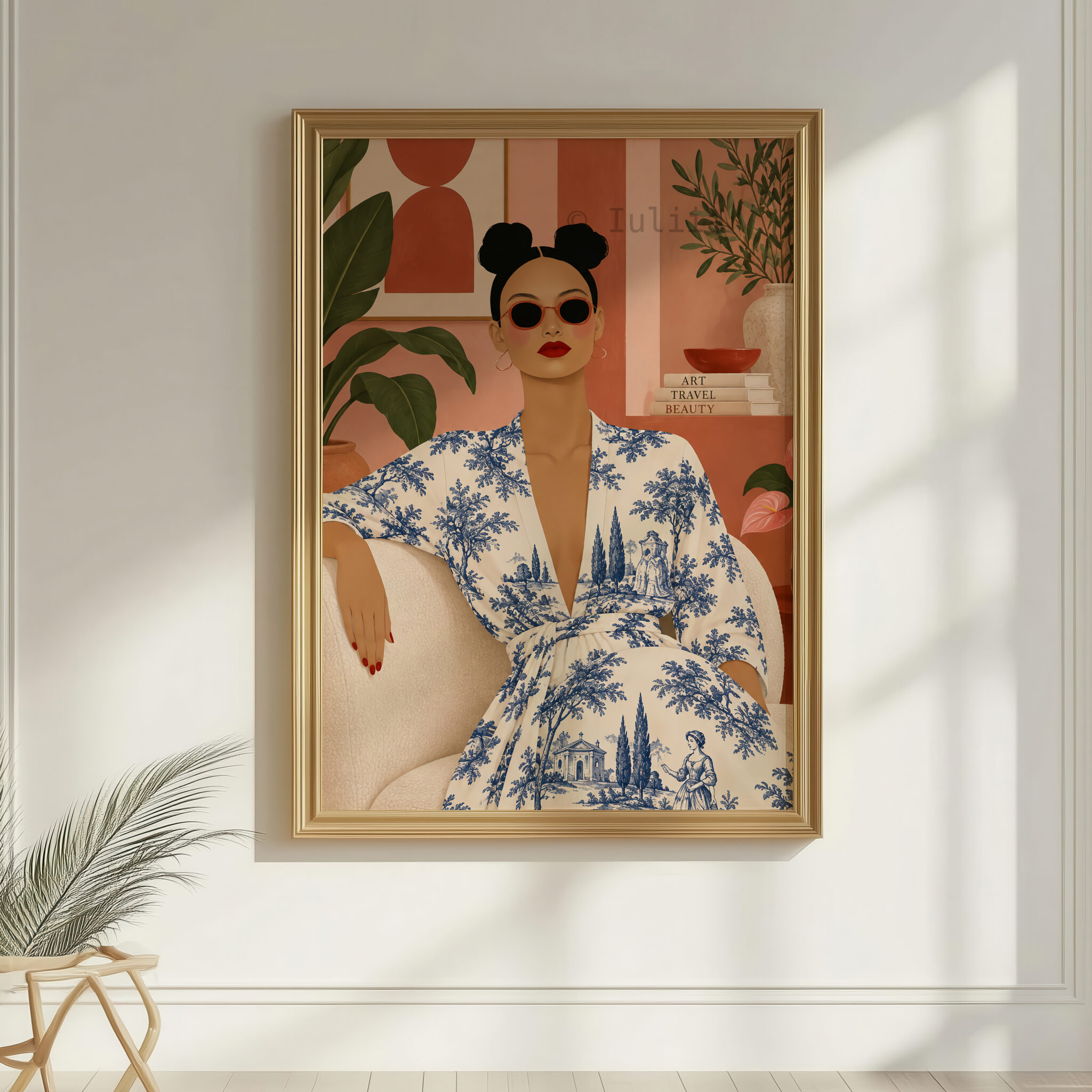Toile Art Print, Chic Woman Portrait in Blue Scenic Pattern, Grand Millennial Decor, French Inspired Living Room Accent - photo #7