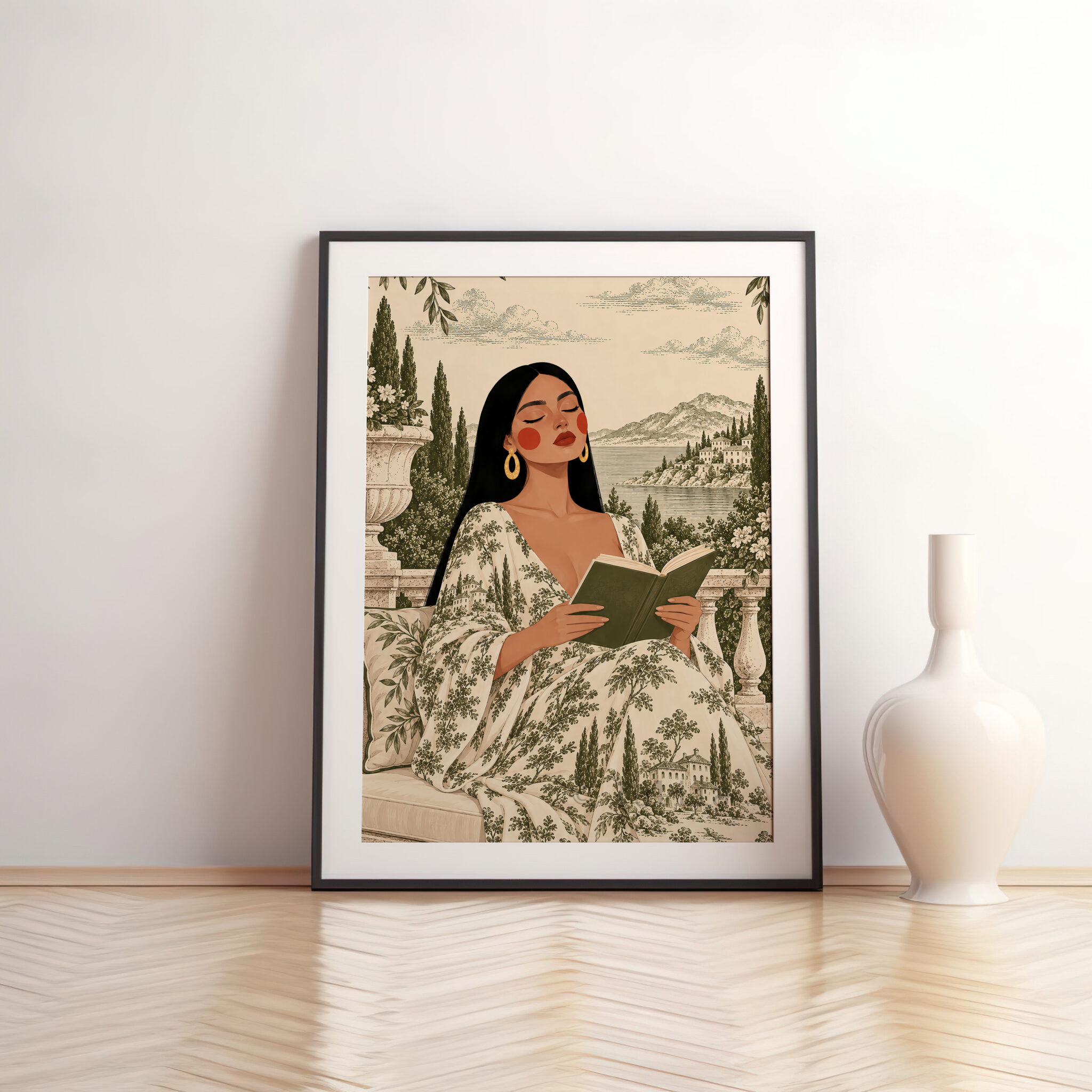 Pastoral Wall Print, Toile de Jouy Woman Reading by the Lake, French Countryside Decor, Elegant European Reading Nook Accent - photo #11