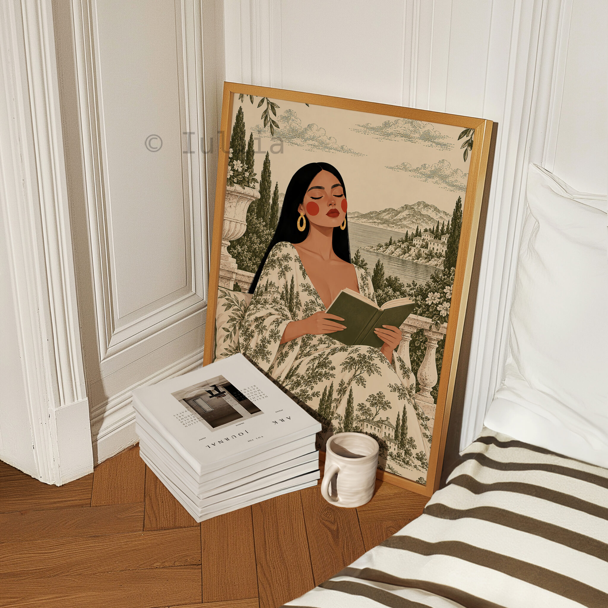 Pastoral Wall Print, Toile de Jouy Woman Reading by the Lake, French Countryside Decor, Elegant European Reading Nook Accent - photo #4