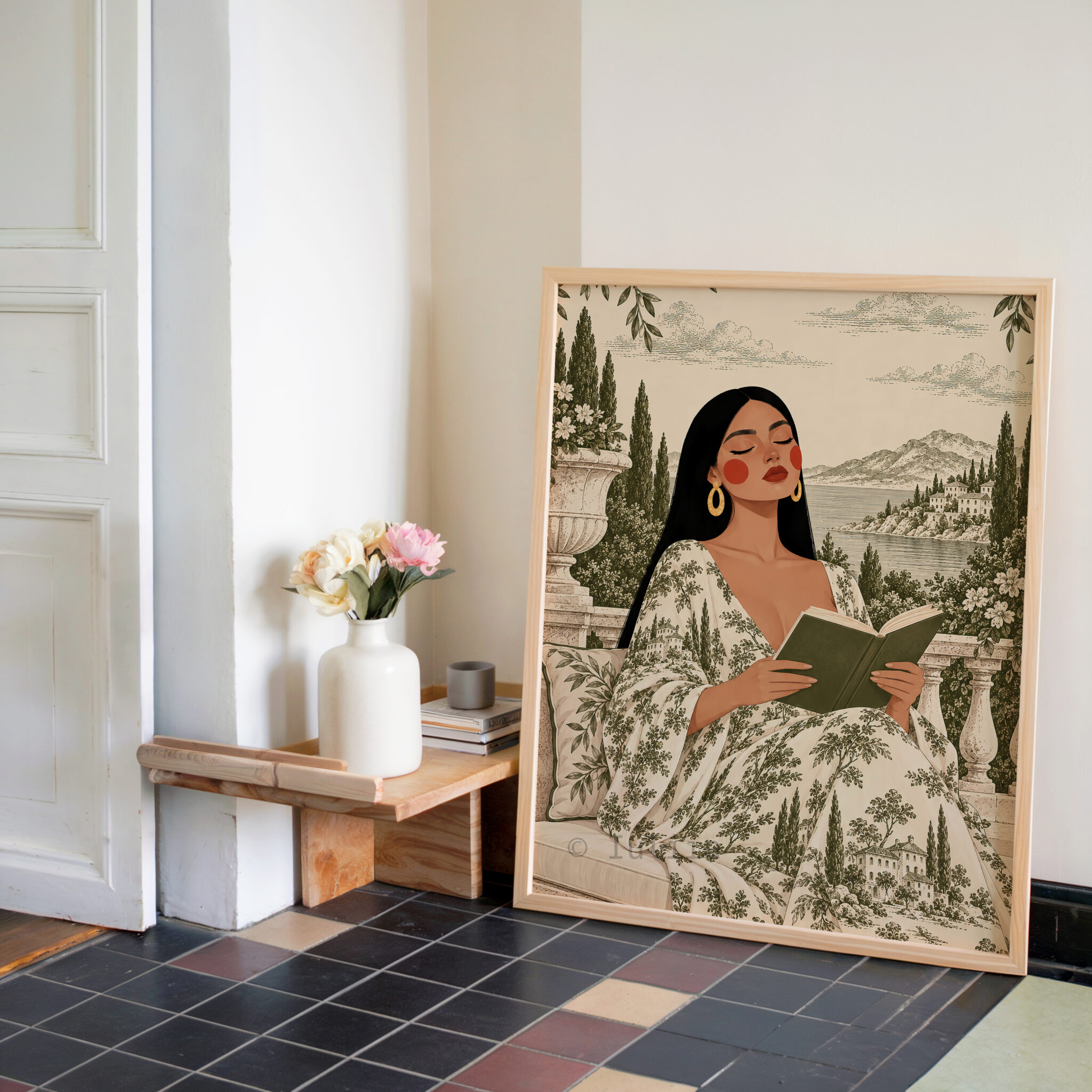 Pastoral Wall Print, Toile de Jouy Woman Reading by the Lake, French Countryside Decor, Elegant European Reading Nook Accent - photo #2