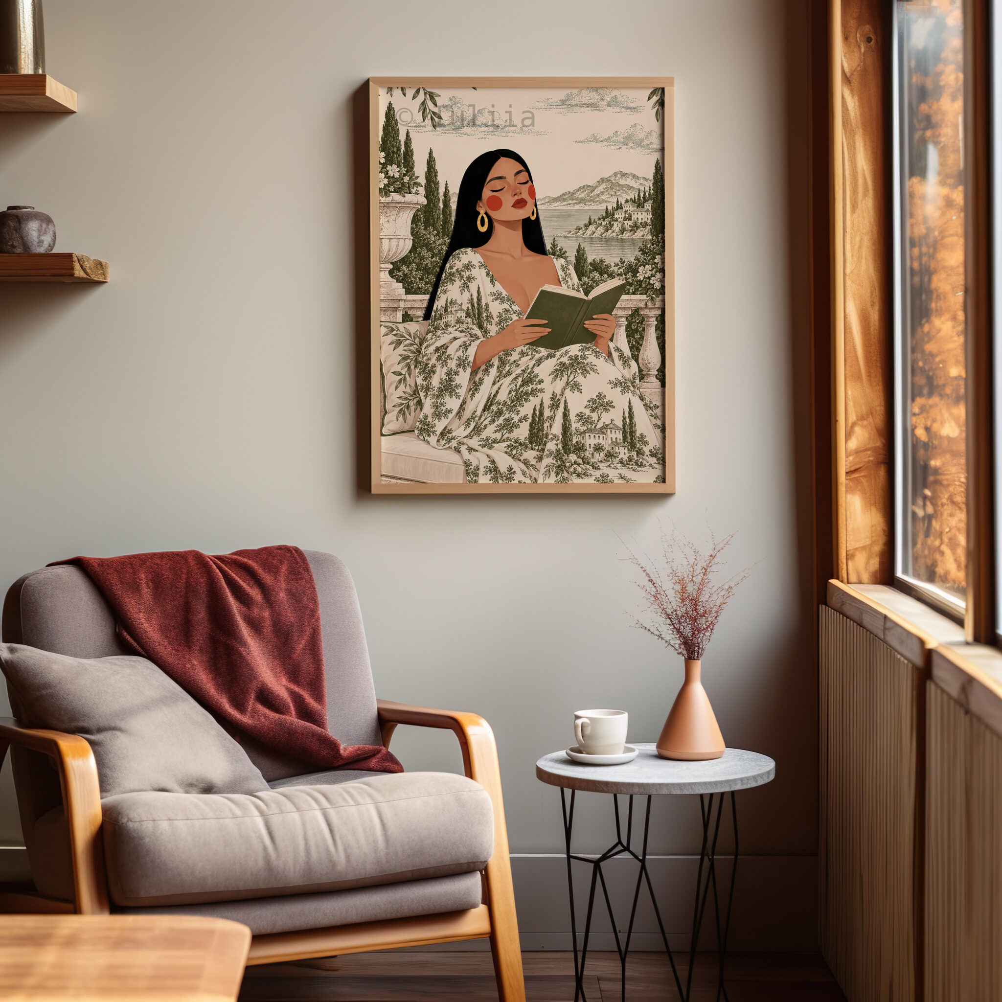 Pastoral Wall Print, Toile de Jouy Woman Reading by the Lake, French Countryside Decor, Elegant European Reading Nook Accent - photo #6