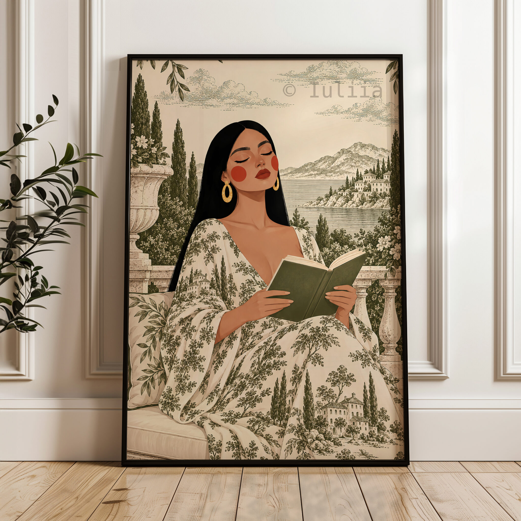 Pastoral Wall Print, Toile de Jouy Woman Reading by the Lake, French Countryside Decor, Elegant European Reading Nook Accent - photo #3