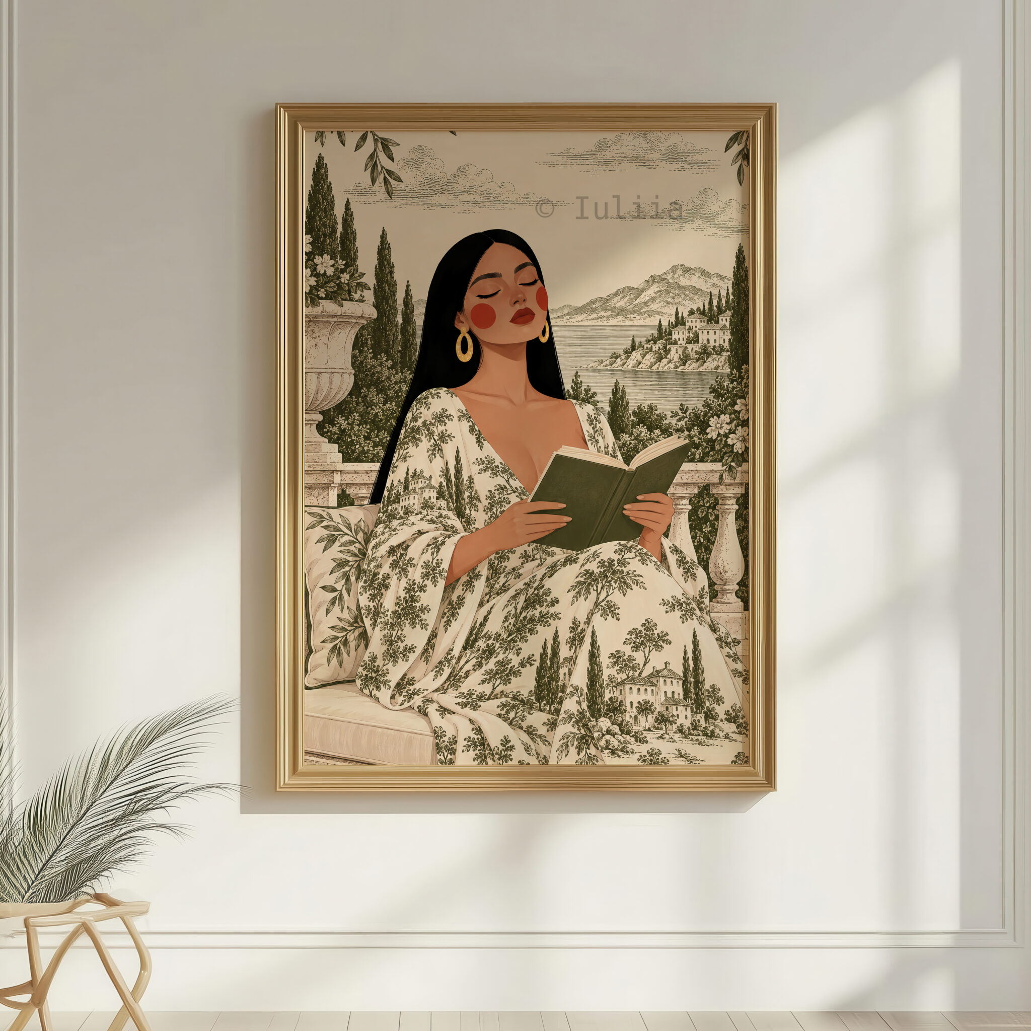 Pastoral Wall Print, Toile de Jouy Woman Reading by the Lake, French Countryside Decor, Elegant European Reading Nook Accent - photo #7